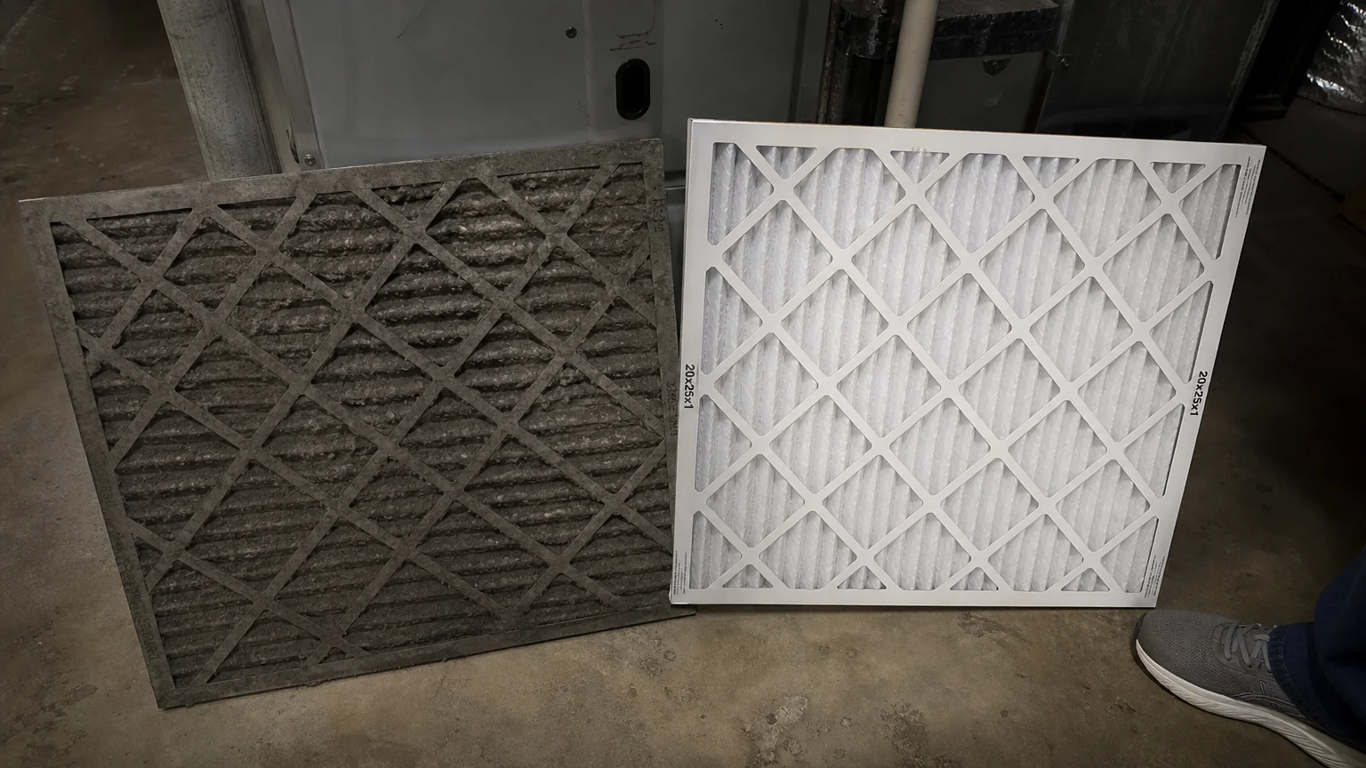 A dirty, grey, dust-covered furnace filter lies side-by-side with a brand-new, clean white pleated HVAC filter.