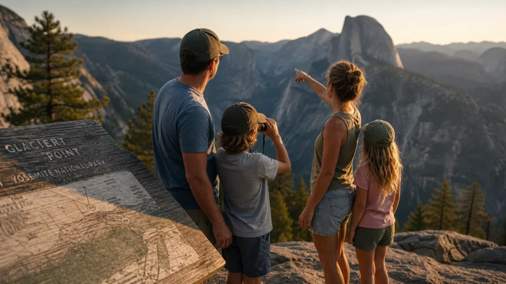A family of four enjoys a scenic mountain overlook at a national park during sunset, symbolizing affordable summer family adventures.