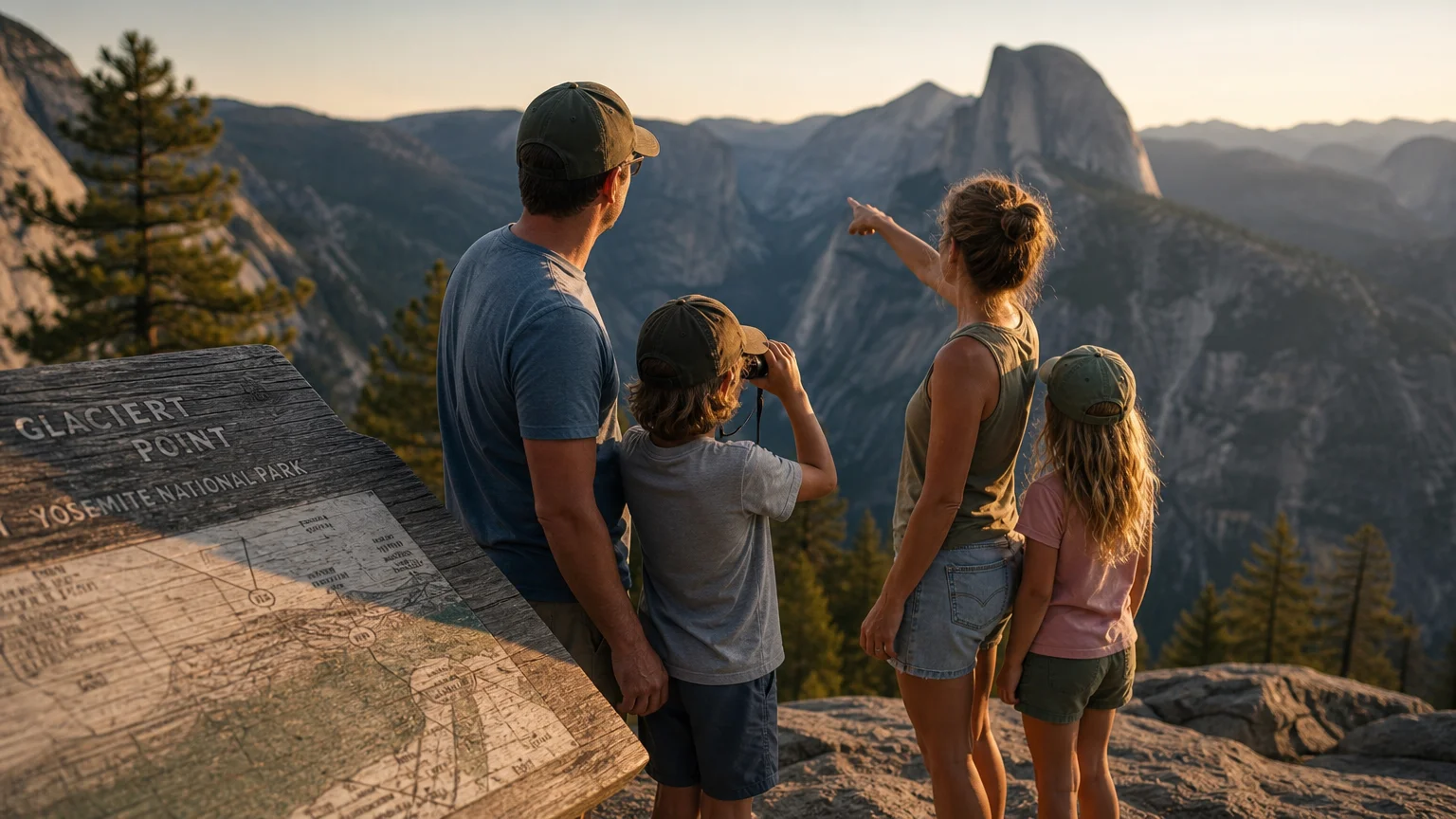 A family of four enjoys a scenic mountain overlook at a national park during sunset, symbolizing affordable summer family adventures.