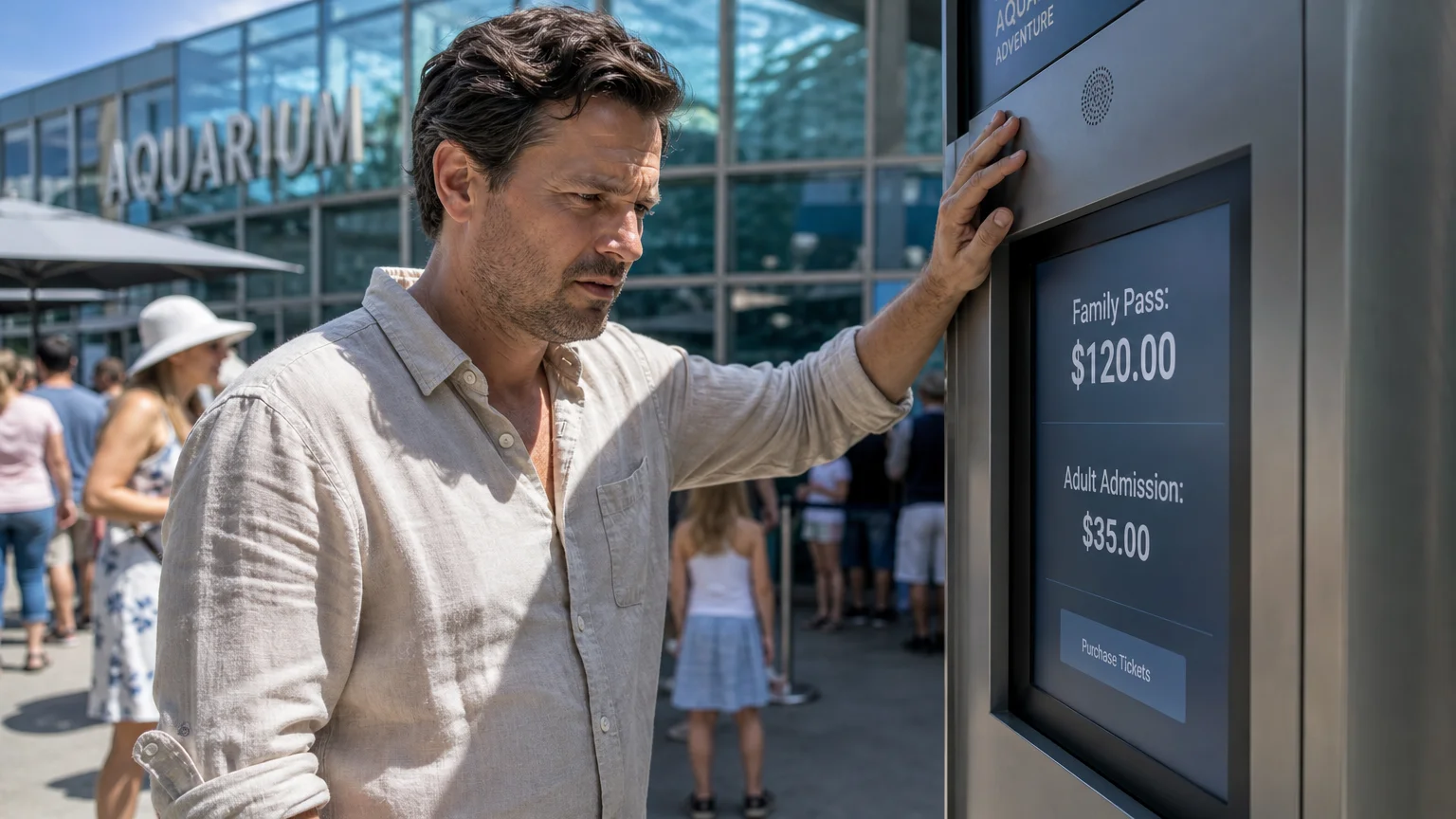 A father looking concerned at an aquarium ticket kiosk showing high prices, shot in a candid documentary photography style.