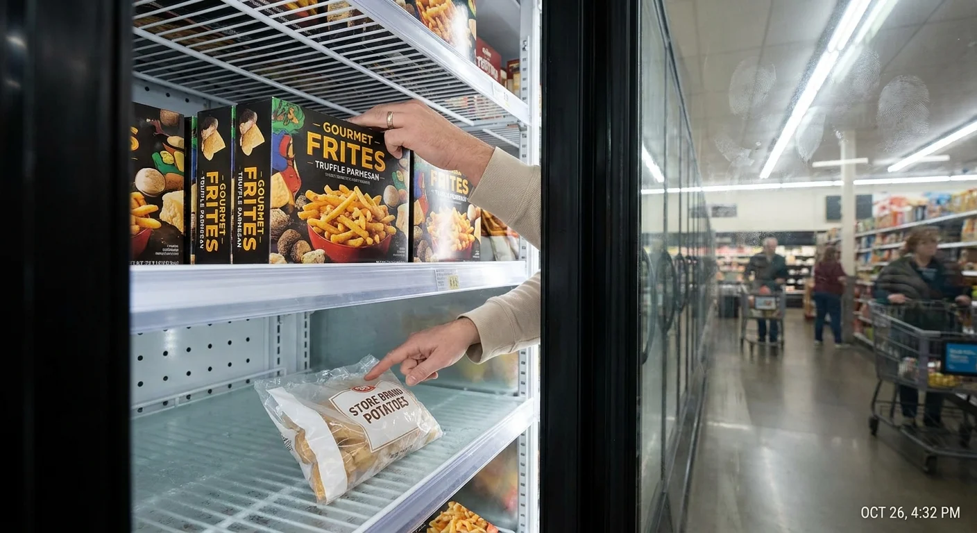 A first-person view of a hand reaching for name-brand frozen fries while another hand points to the cheaper store-brand alternative.