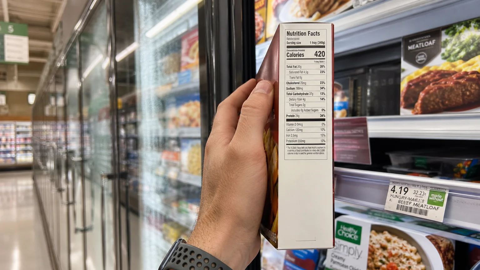 A first-person view of a shopper checking the nutrition label of a frozen meal in a grocery store freezer aisle.