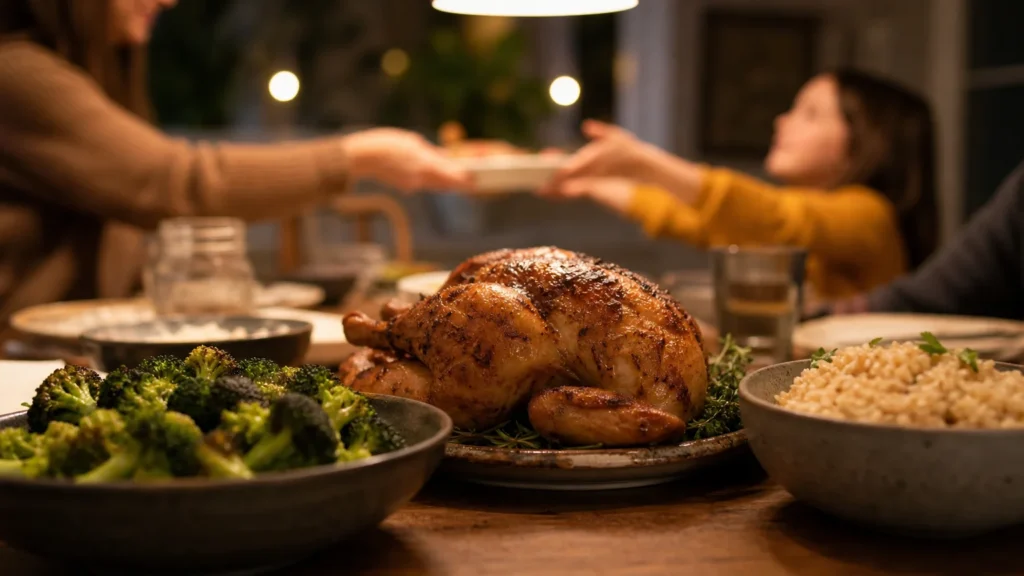 A golden-brown roasted chicken, charred broccoli, and brown rice served on a rustic wooden dining table for a cozy family dinner.