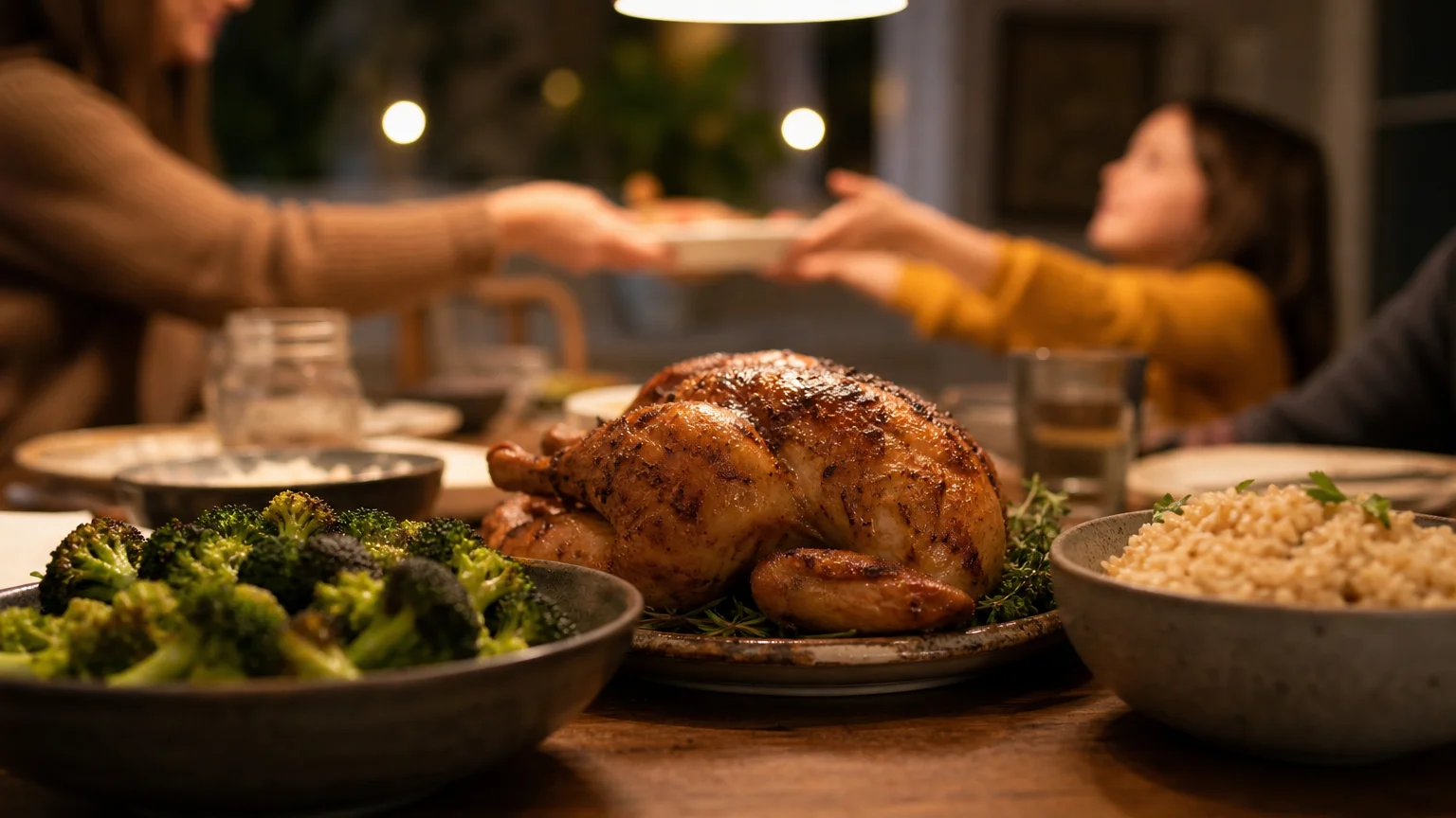 A golden-brown roasted chicken, charred broccoli, and brown rice served on a rustic wooden dining table for a cozy family dinner.
