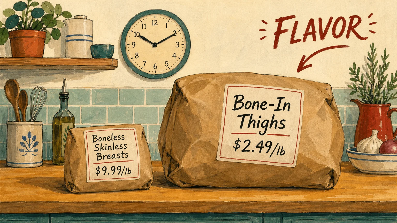A gouache illustration comparing expensive chicken breasts to affordable, flavorful bone-in thighs with price tags.