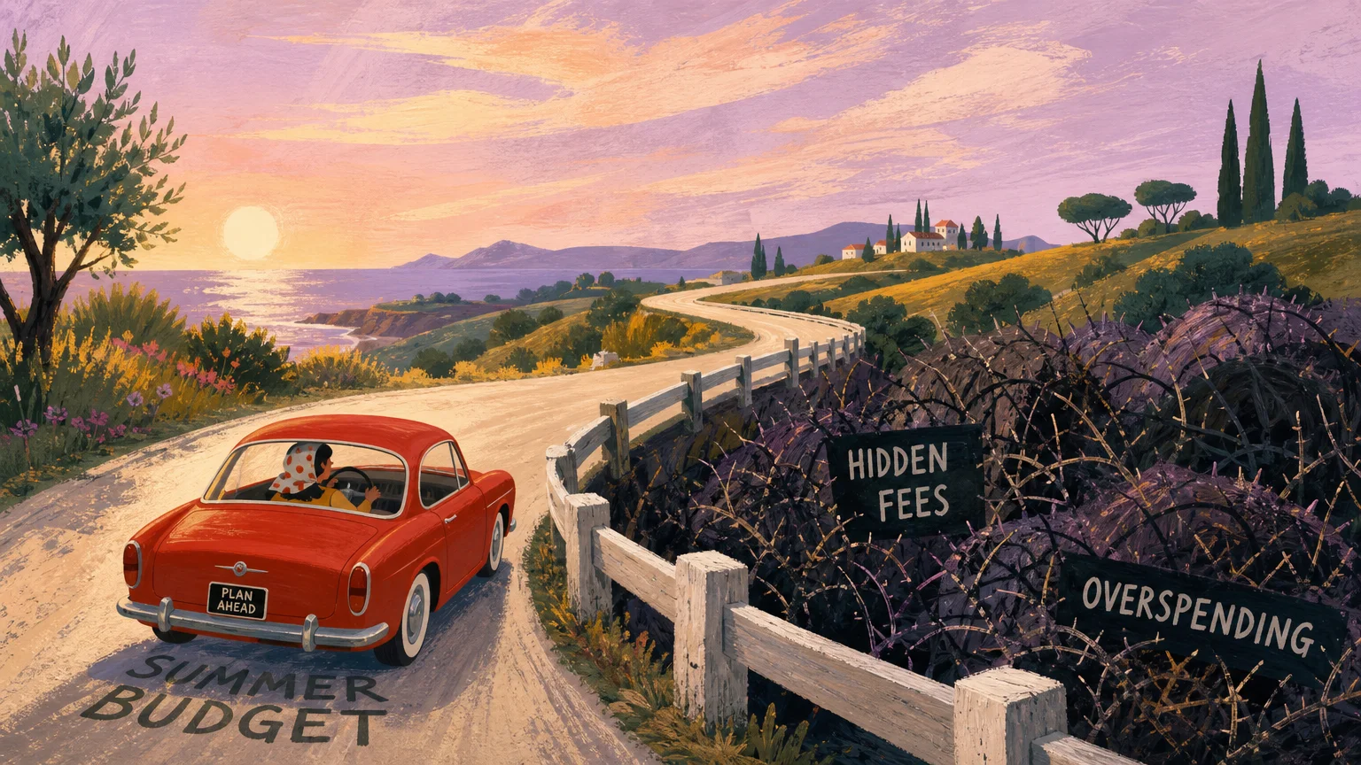 A gouache illustration of a car on a road labeled Summer Budget, protected by a guardrail from a ditch of hidden fees.
