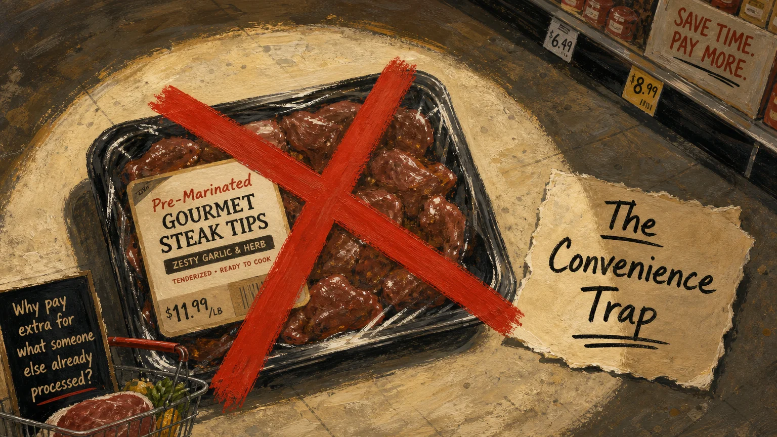 A gouache illustration of a red X over a package of pre-marinated meat, signaling a financial pitfall to avoid.
