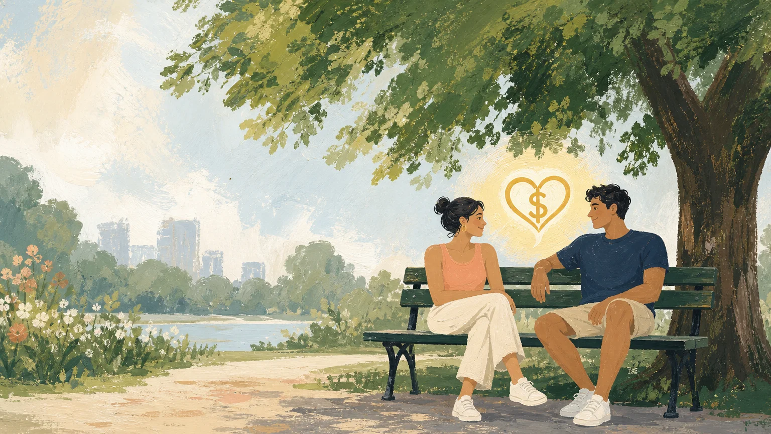 A gouache illustration of two people relaxing on a park bench, symbolizing the emotional relief of smart saving.