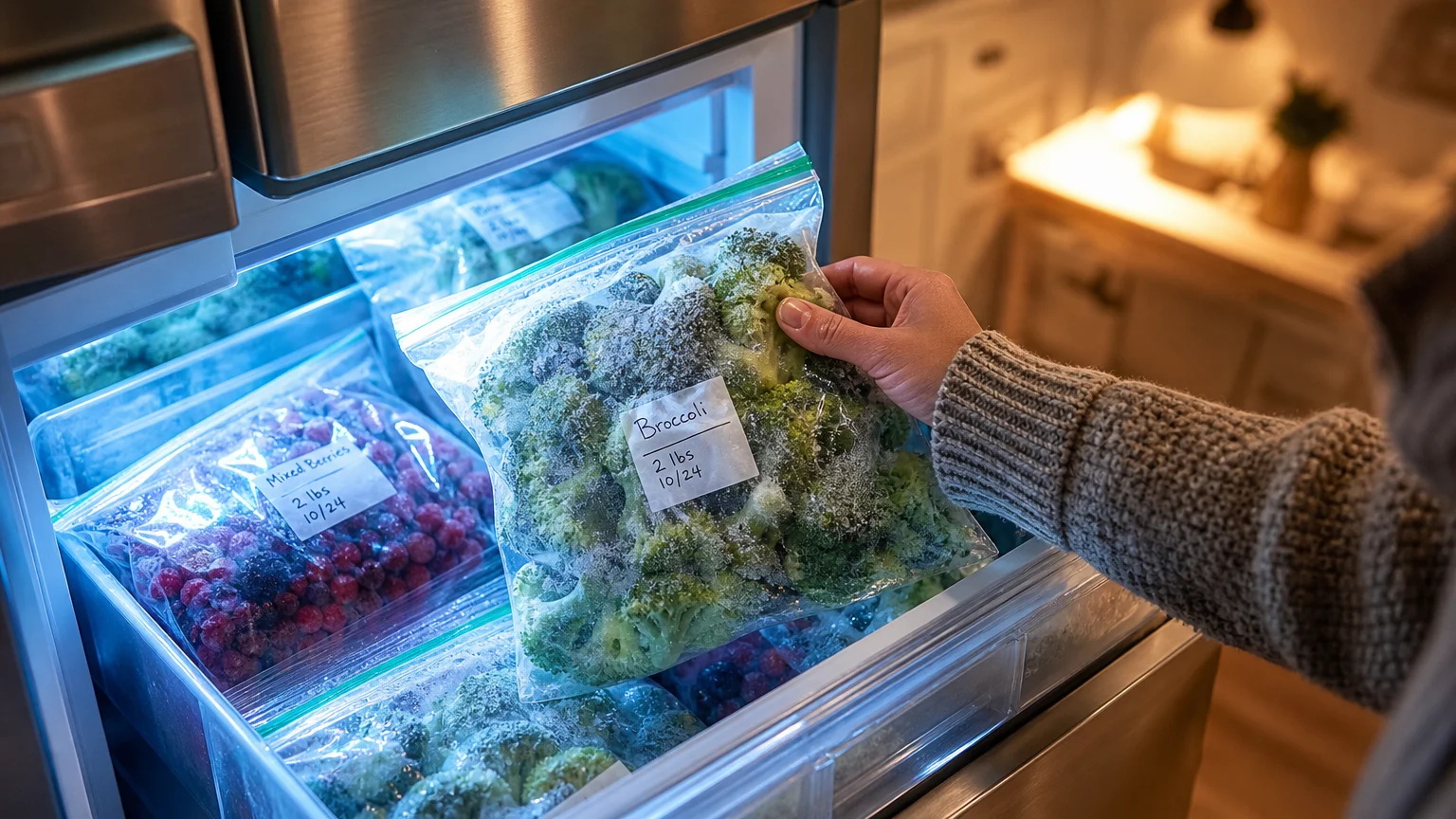 A hand in a knit sweater reaching into an open home freezer drawer filled with frosty bags of frozen vegetables and berries.