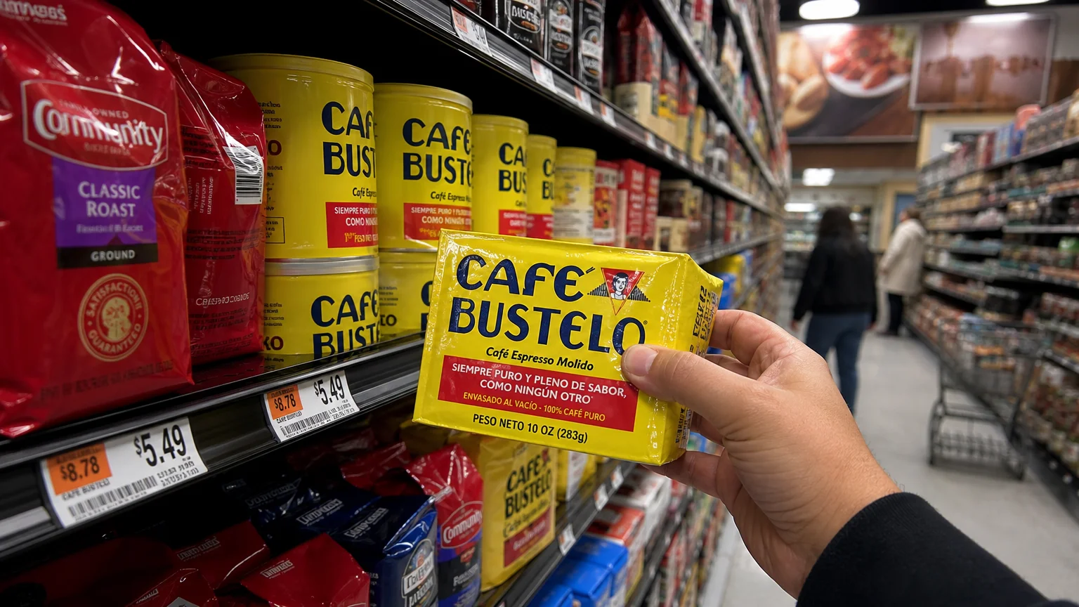 A hand reaches for a yellow brick of Cafe Bustelo espresso on a well-stocked supermarket shelf.