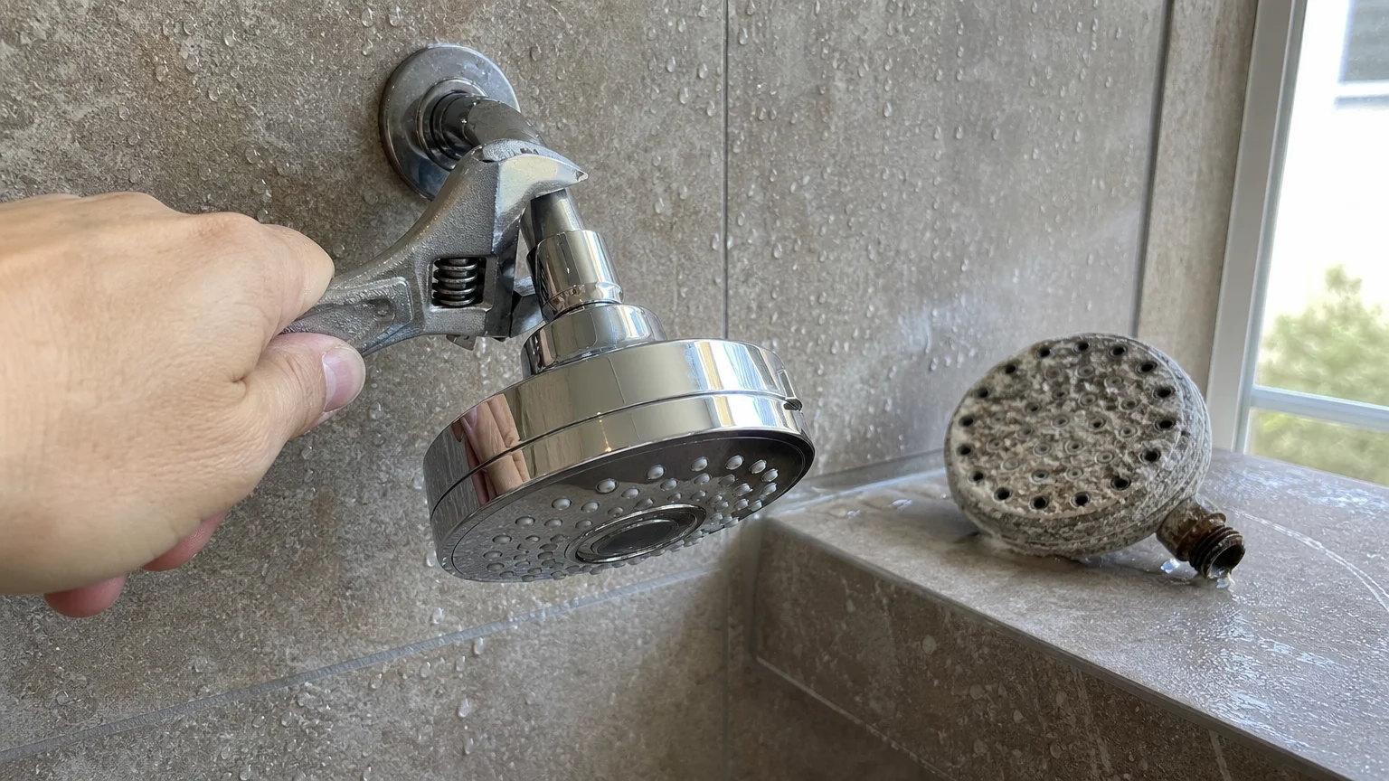 A hand uses a wrench to install a clean chrome showerhead, with an old mineral-crusted showerhead resting nearby.