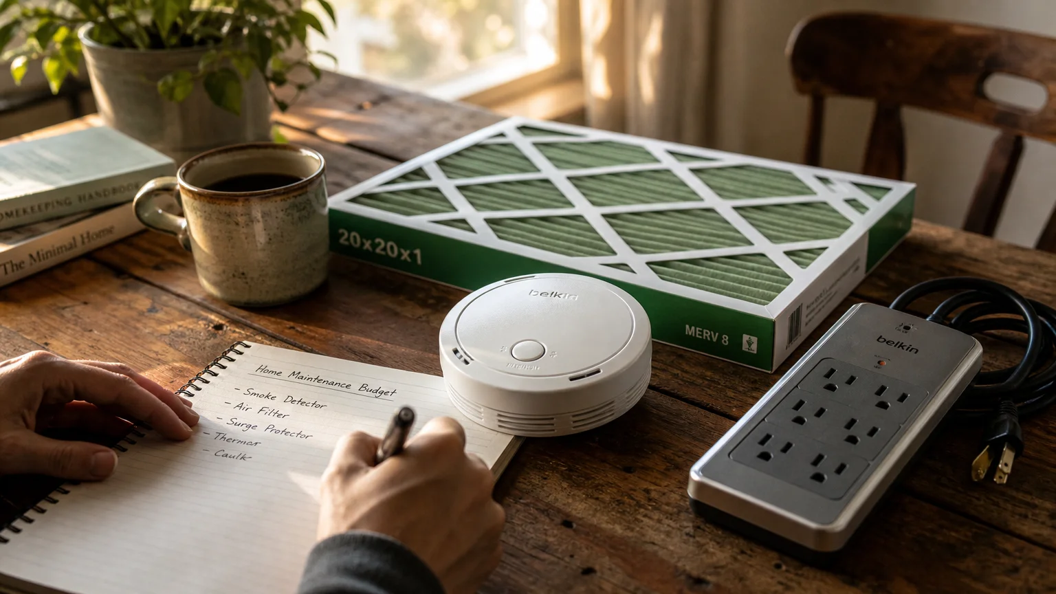 A homeowner organizes a new smoke detector, HVAC filter, and surge protector on a wooden table with a budget planner.