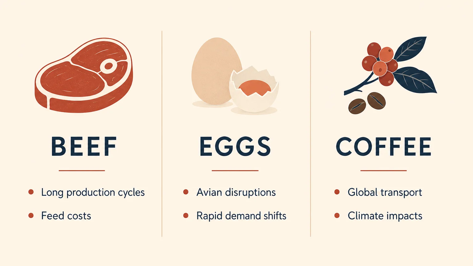 A horizontal 3-column infographic detailing the supply chain vulnerabilities of beef, eggs, and coffee.
