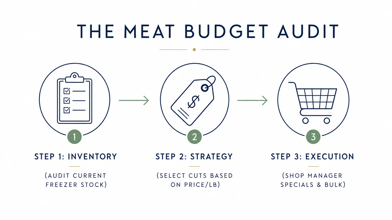 A horizontal diagram showing three steps for a meat budget audit: Inventory, Strategy, and Execution.