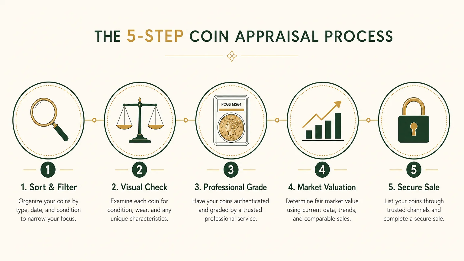 A horizontal five-step infographic detailing the appraisal process from sorting to a secure sale.