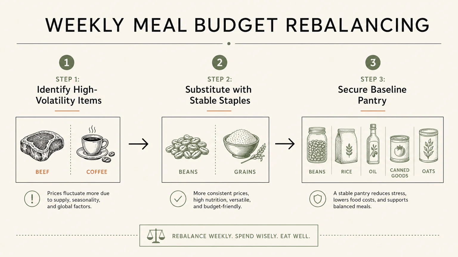 A horizontal flowchart diagram demonstrating how to substitute volatile grocery items with stable alternatives.