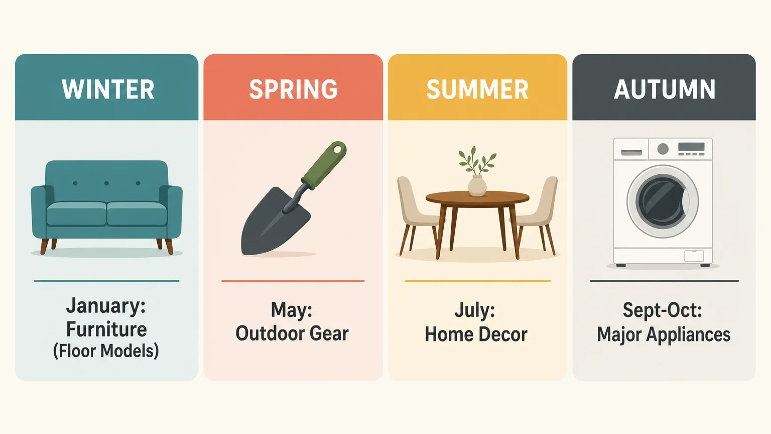 A horizontal four-panel infographic mapping out seasonal purchase targets like furniture in winter and appliances in autumn.