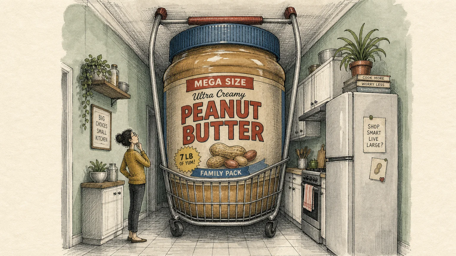 A humorous illustration of a giant shopping cart containing an oversized jar of peanut butter crowding a small kitchen.