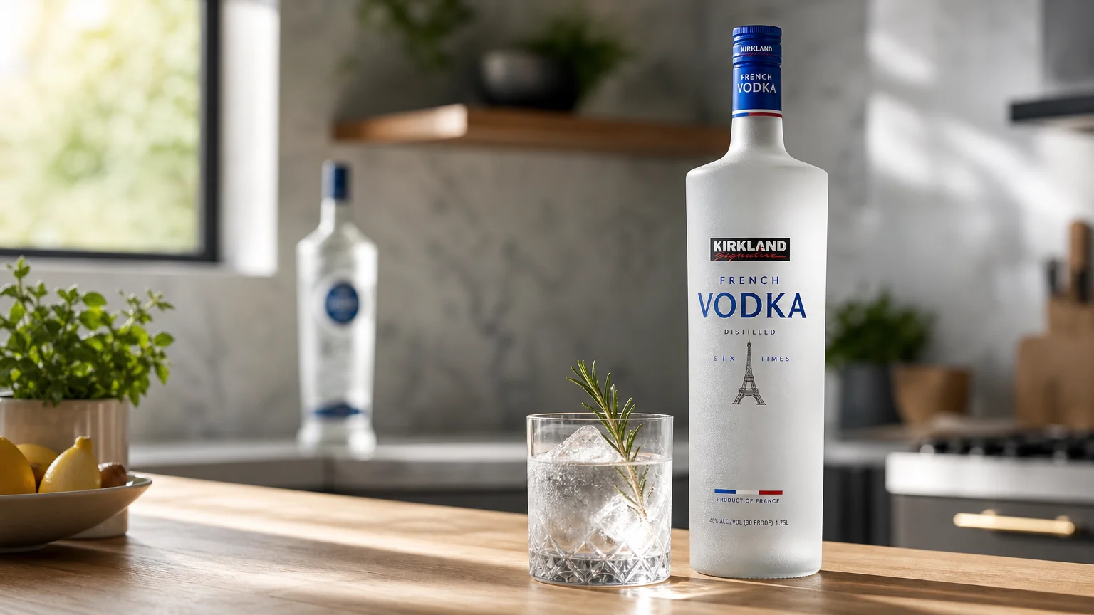 A Kirkland Signature French Vodka bottle on a kitchen island next to a fresh cocktail in the morning light.