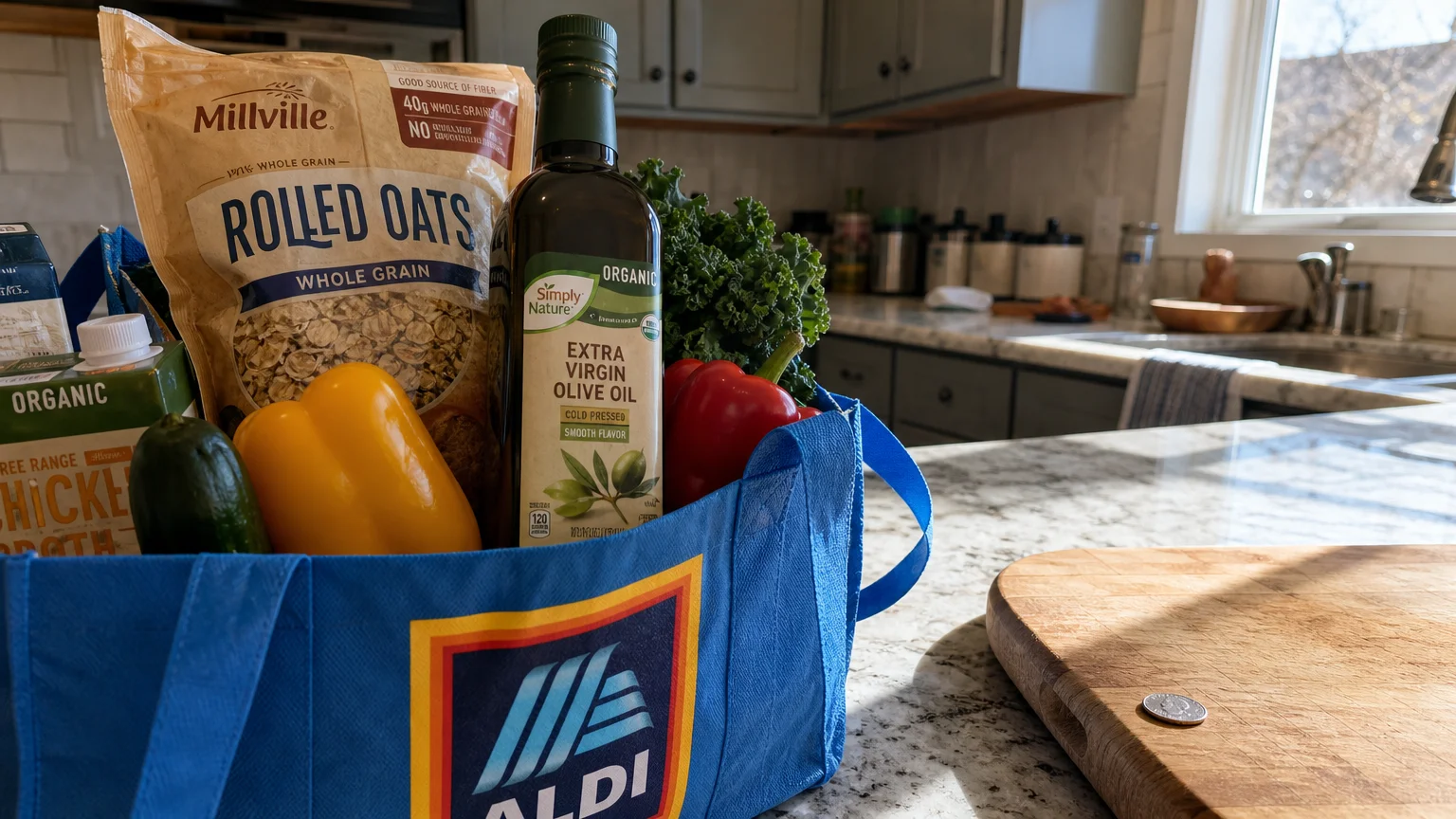 A kitchen counter filled with Aldi groceries like organic olive oil and oats, captured in a bright, natural documentary style.