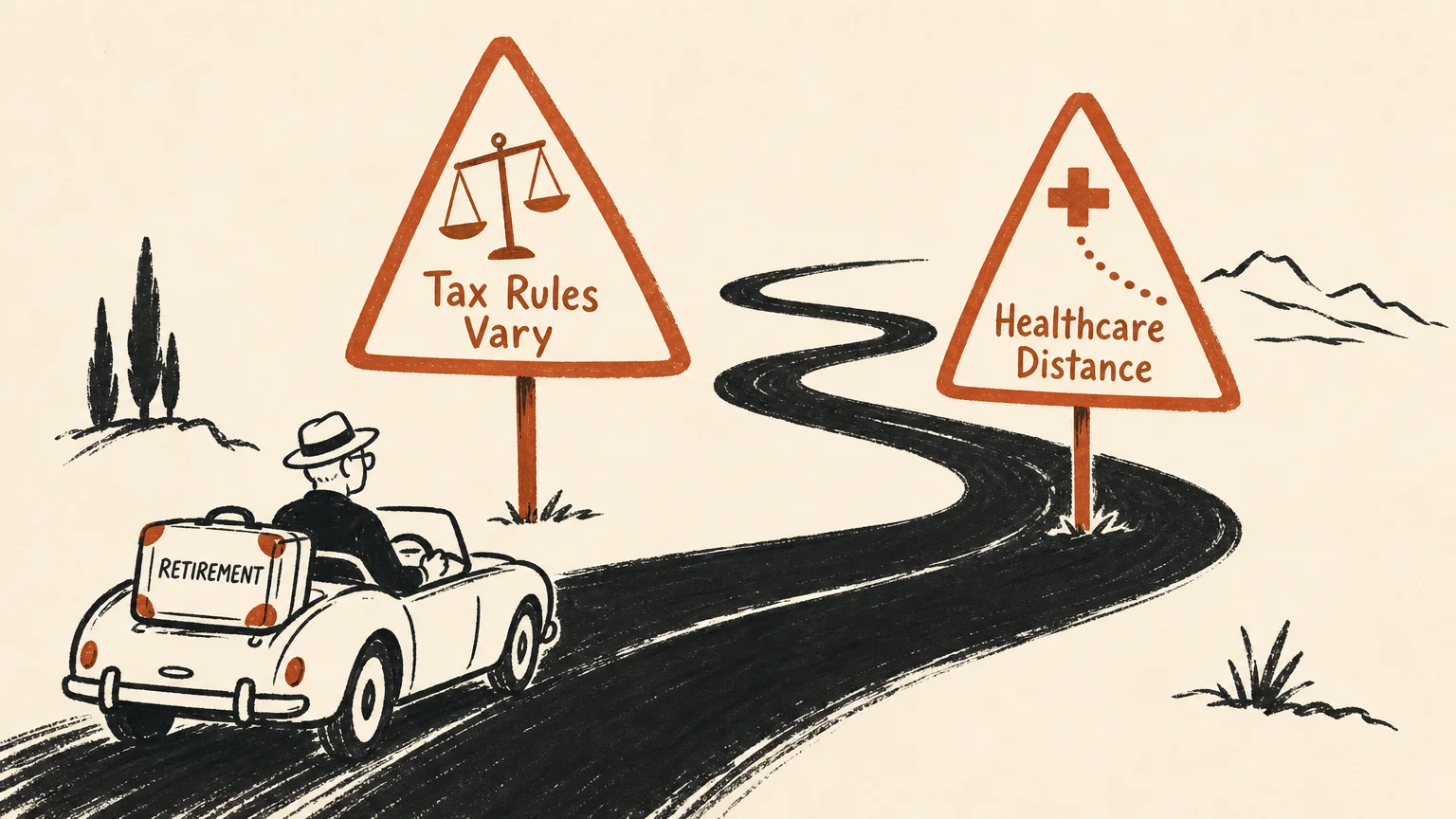 A minimalist graphic illustration of a road with warning signs pointing out tax variations and healthcare distance pitfalls.