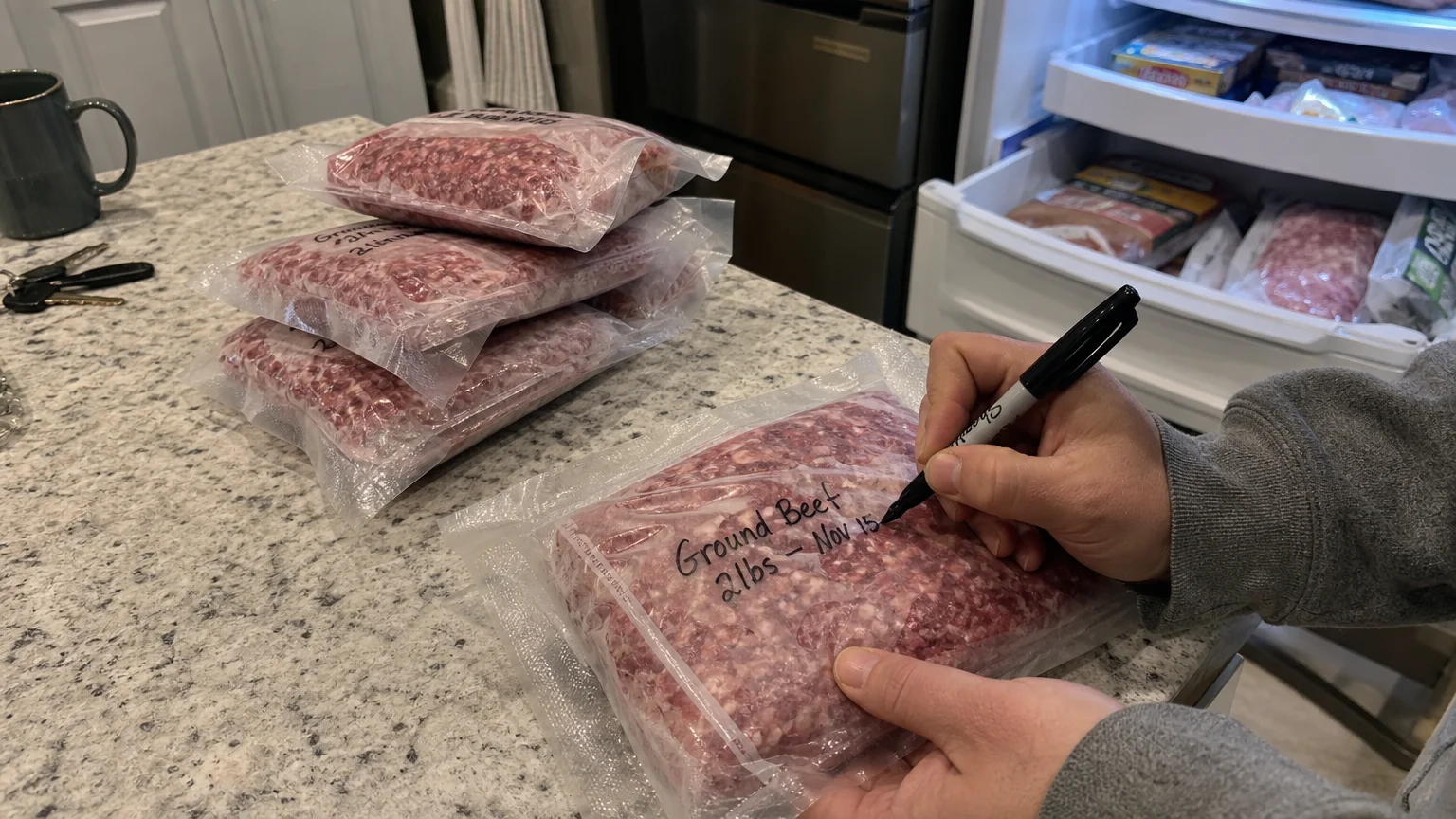 A person labels vacuum-sealed bags of meat with a marker on a kitchen counter, preparing them for bulk freezing.