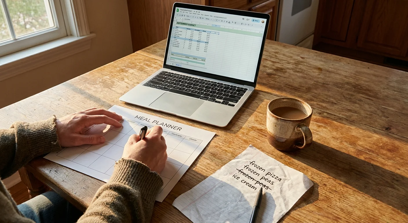 A person planning meals and reviewing a budget spreadsheet at a wooden kitchen table in warm morning light.
