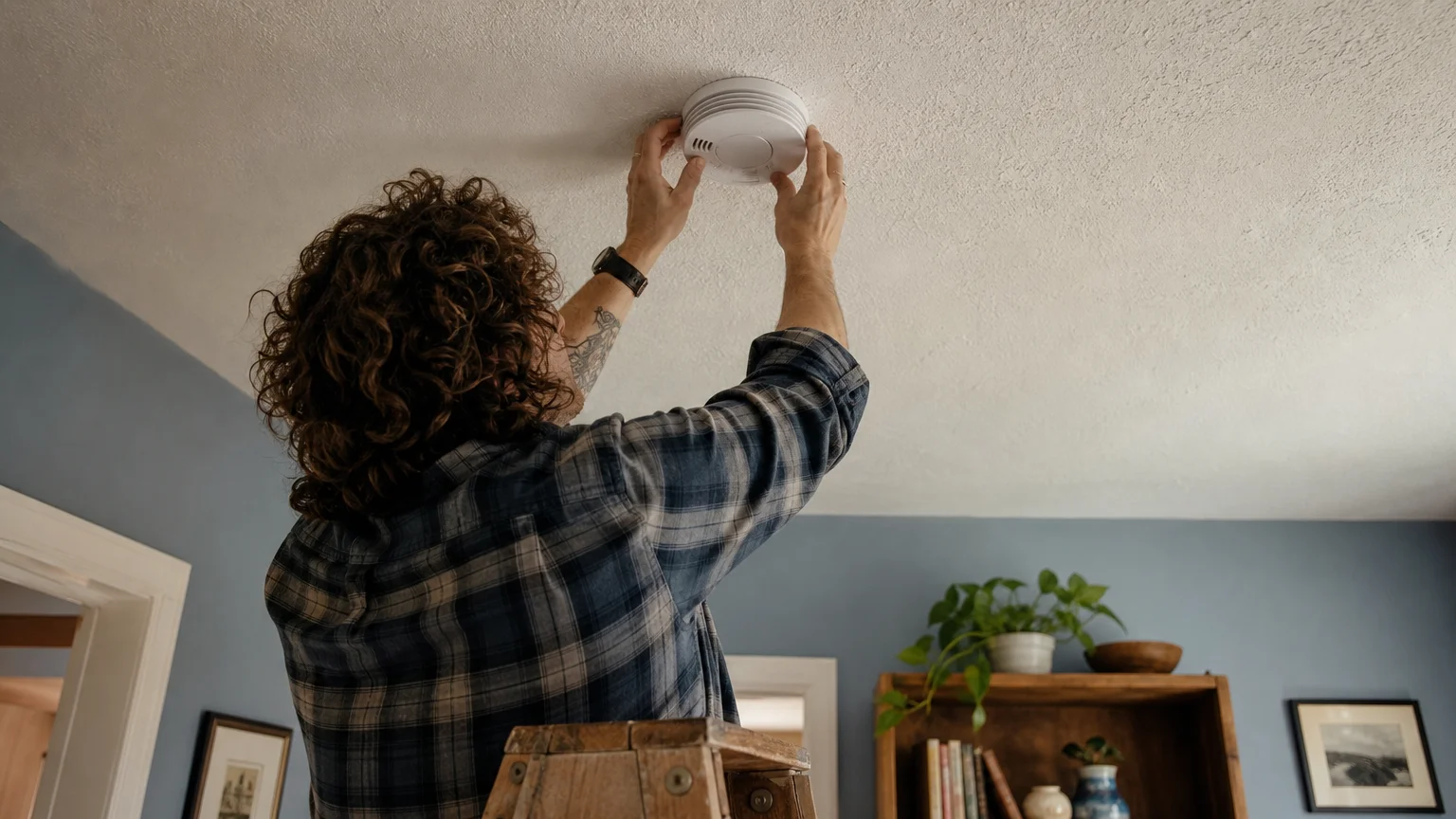 A person stands on a wooden step stool to twist a new white smoke detector onto a plaster ceiling.