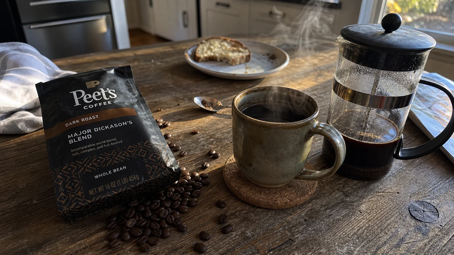 A real-world morning kitchen table with a French press, a ceramic mug of coffee, and a bag of Peet's Major Dickason's Blend in natural light