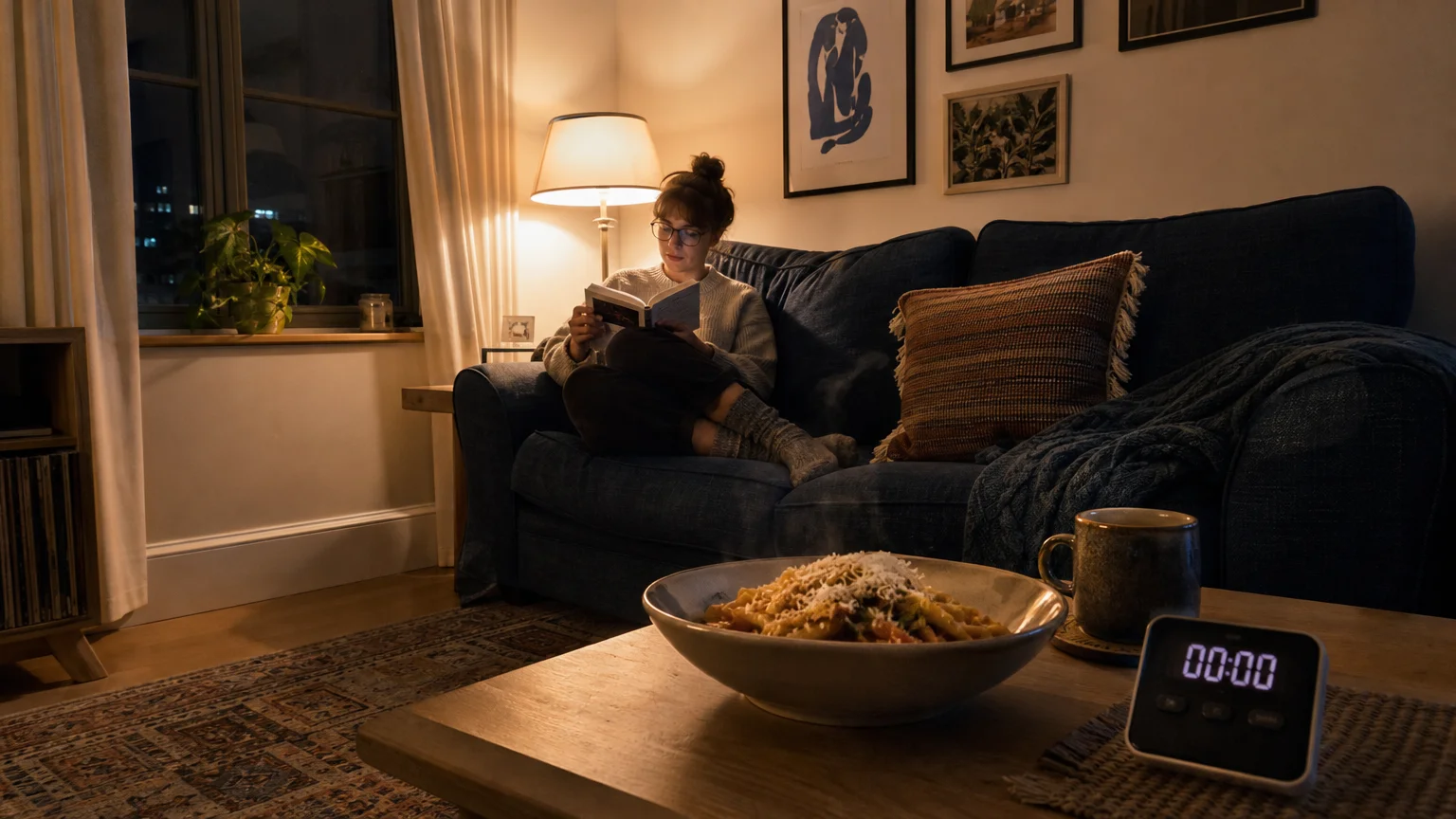 A relaxed person reading a book on a sofa while a finished frozen meal sits on the coffee table, showing time saved.