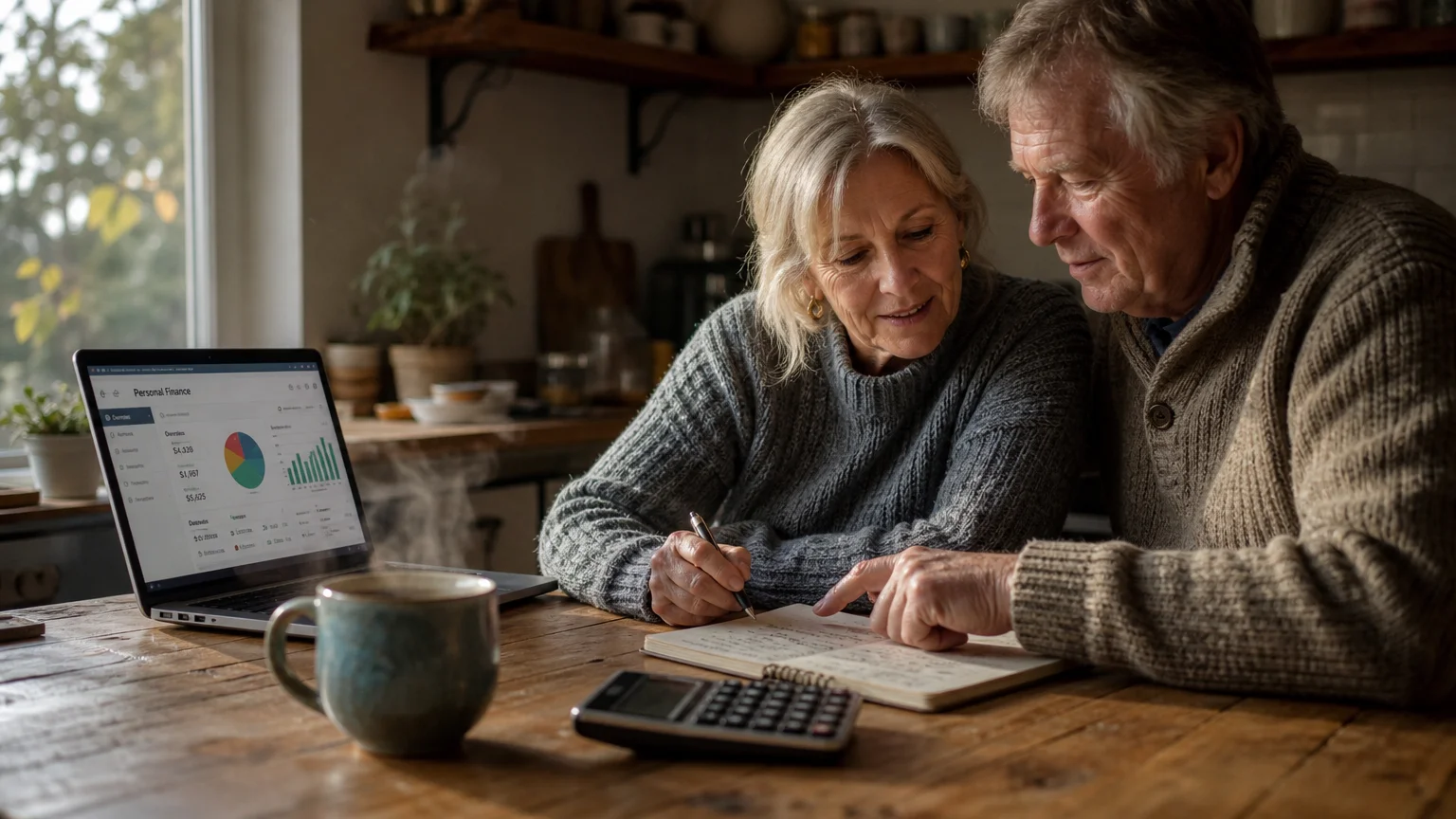 A retired couple sits at a sunny kitchen table, calmly reviewing their finances together with a laptop, notebook, and tea.