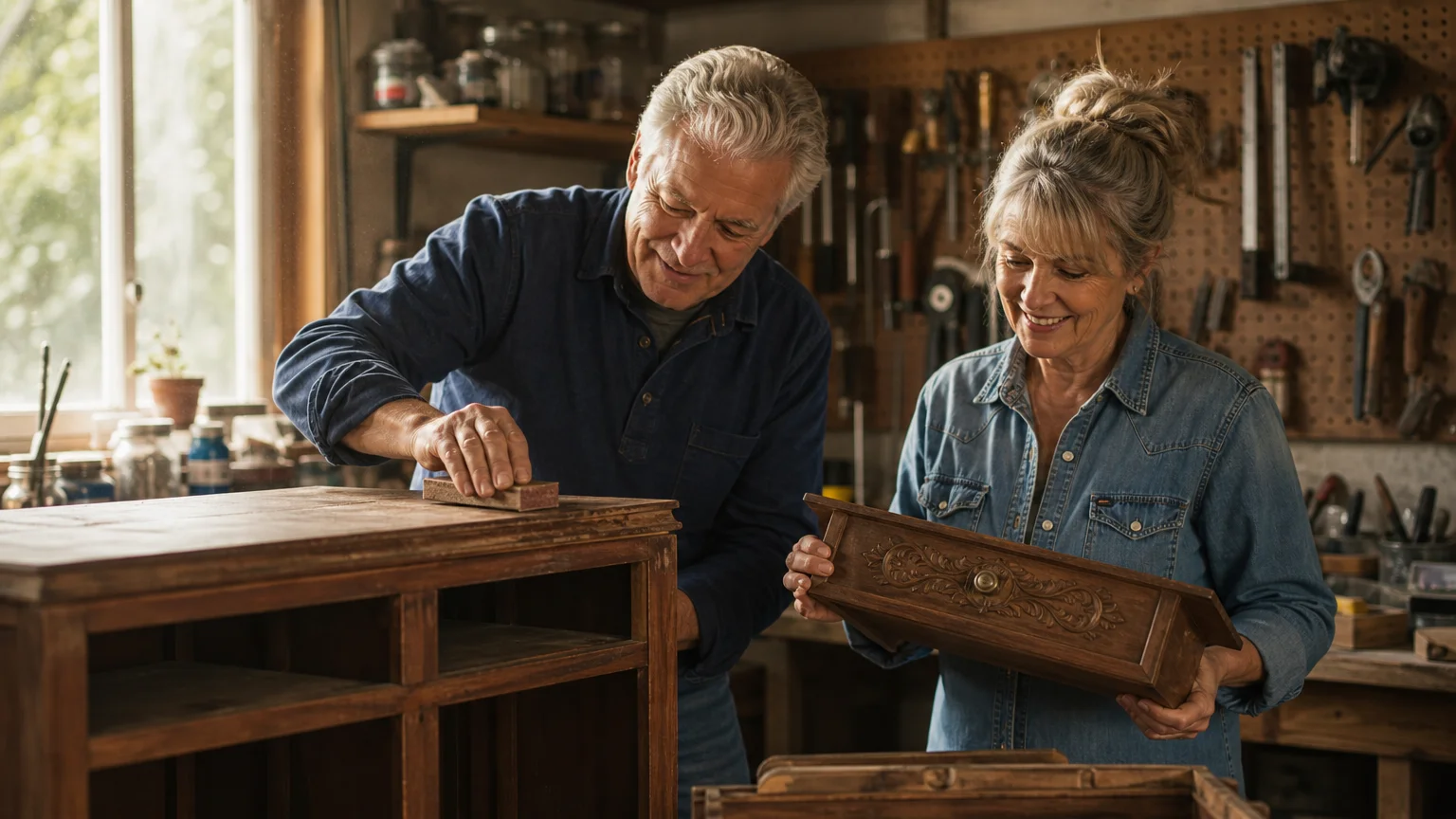 A retired couple smiling as they restore a vintage wooden cabinet together in a sun-drenched home workshop.