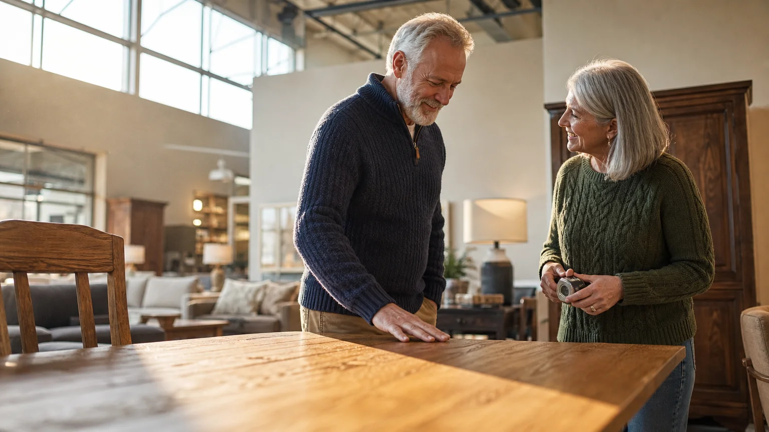A retired couple thoughtfully inspects a wooden dining table in a quiet, sunlit showroom, illustrating strategic weekday shopping.