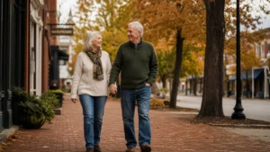A retired couple walking hand-in-hand down a historic, tree-lined brick sidewalk in a quiet, picturesque small town during autumn.