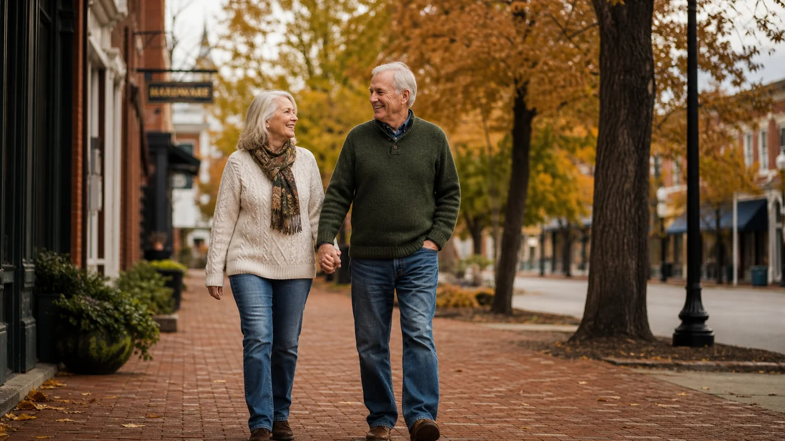 A retired couple walking hand-in-hand down a historic, tree-lined brick sidewalk in a quiet, picturesque small town during autumn.