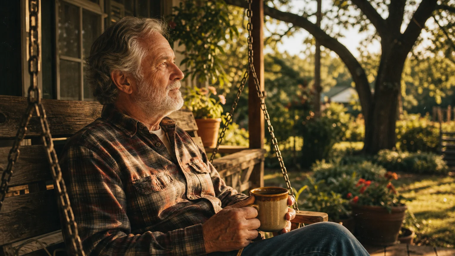 A retired man sitting on a porch swing with a mug of coffee, looking contentedly at his backyard garden.