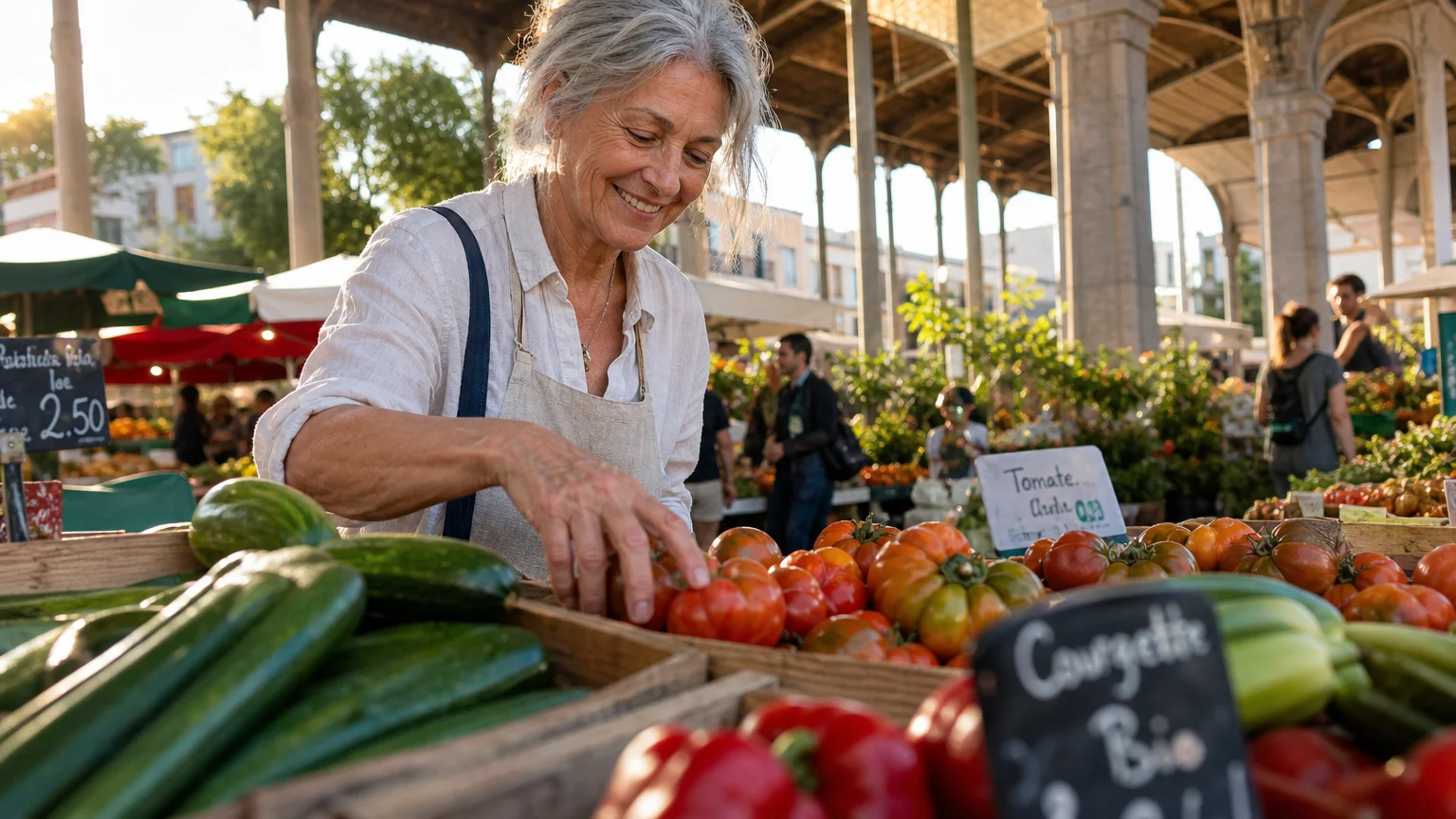 A retired woman happily choosing fresh produce at a sunlit outdoor farmer's market, representing a healthy, active lifestyle.