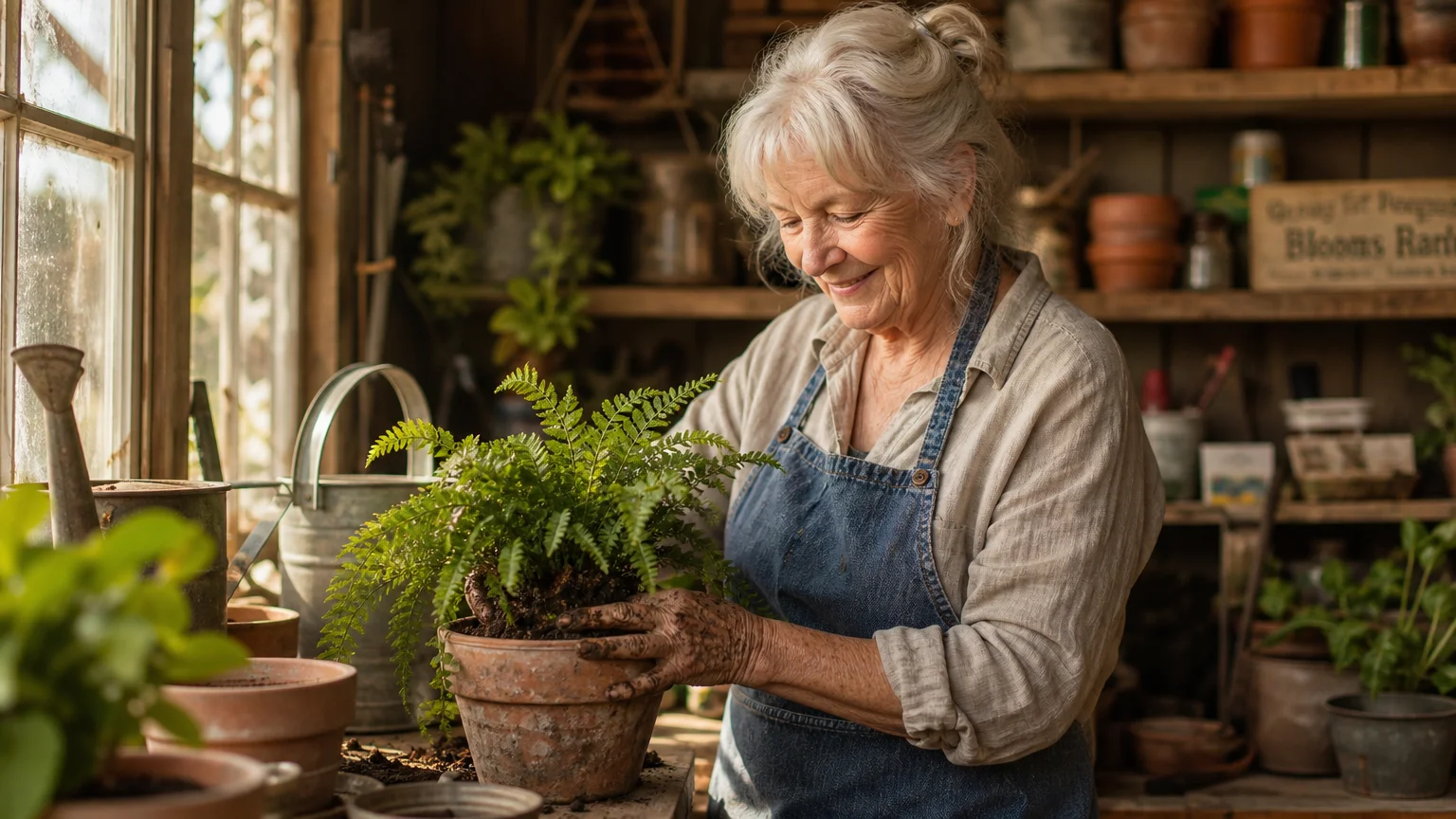 A retired woman happily potting a fern in her sunlit garden shed, surrounded by plants and gardening tools.