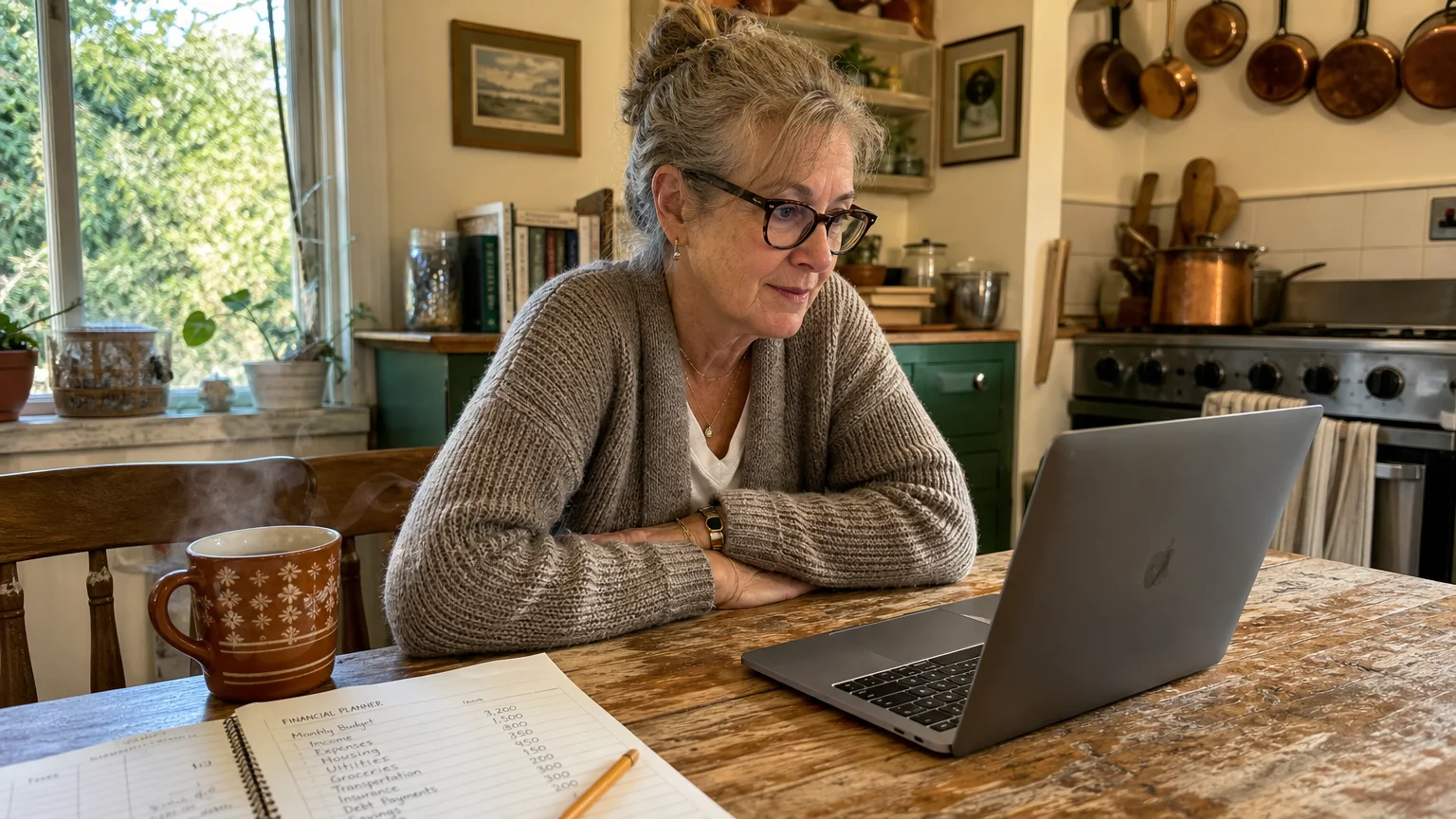 A retired woman in a cozy kitchen reviews her budget during a video consultation on her laptop, reflecting practical financial planning.