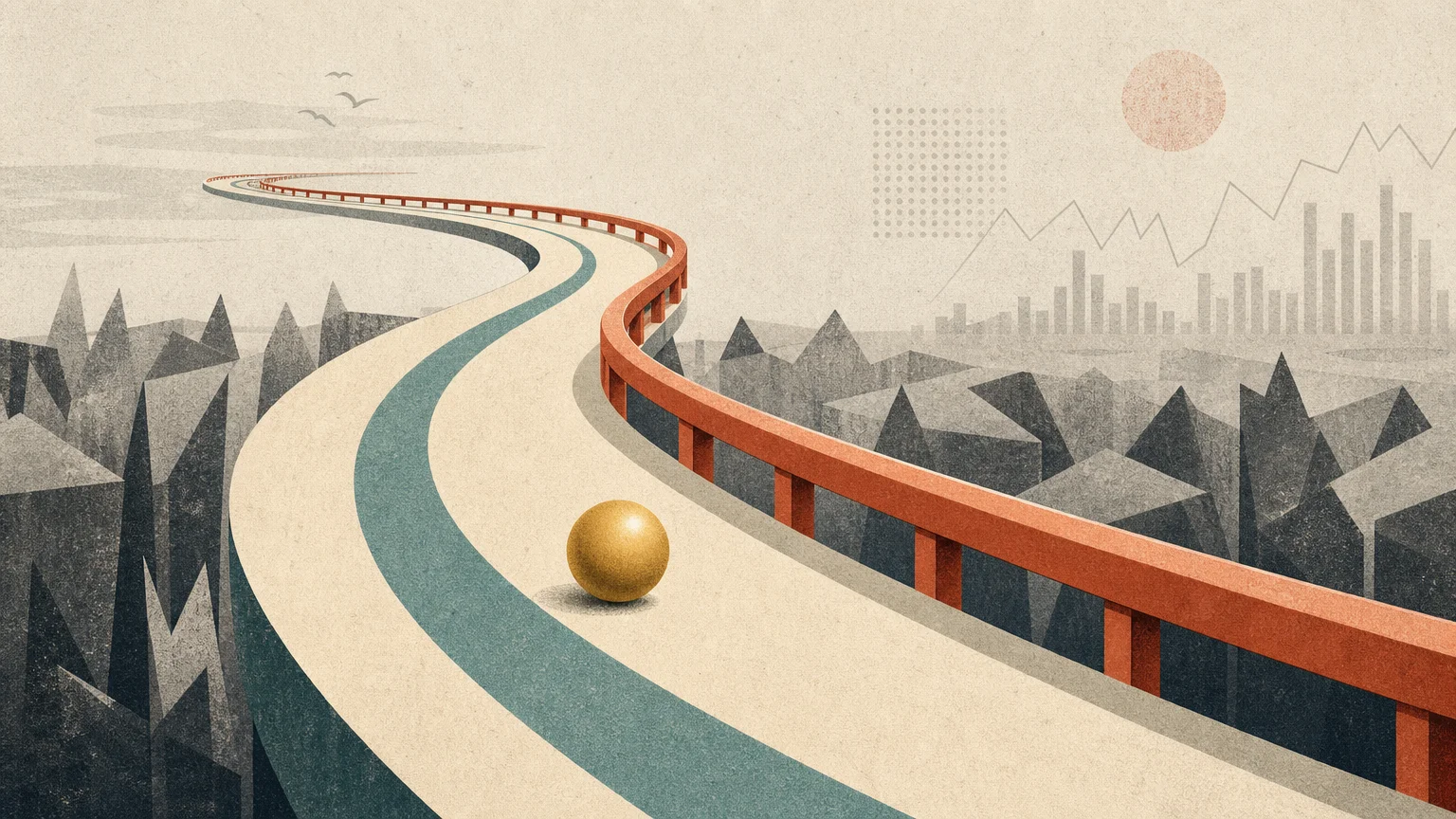 A risograph illustration of a golden sphere rolling safely on a winding path protected by a bright terracotta guardrail.