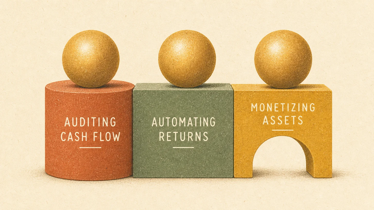 A risograph illustration of three balanced geometric blocks supporting a golden sphere, labeled with the three pillars of retirement.