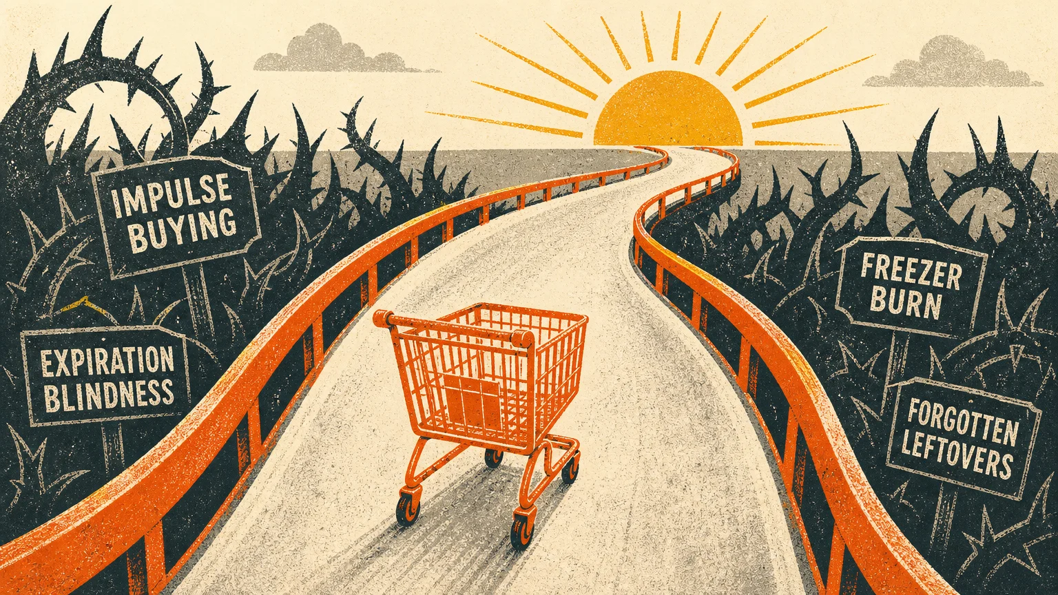 A screenprint-style illustration of a shopping cart rolling safely down a path protected by bright orange guardrails.