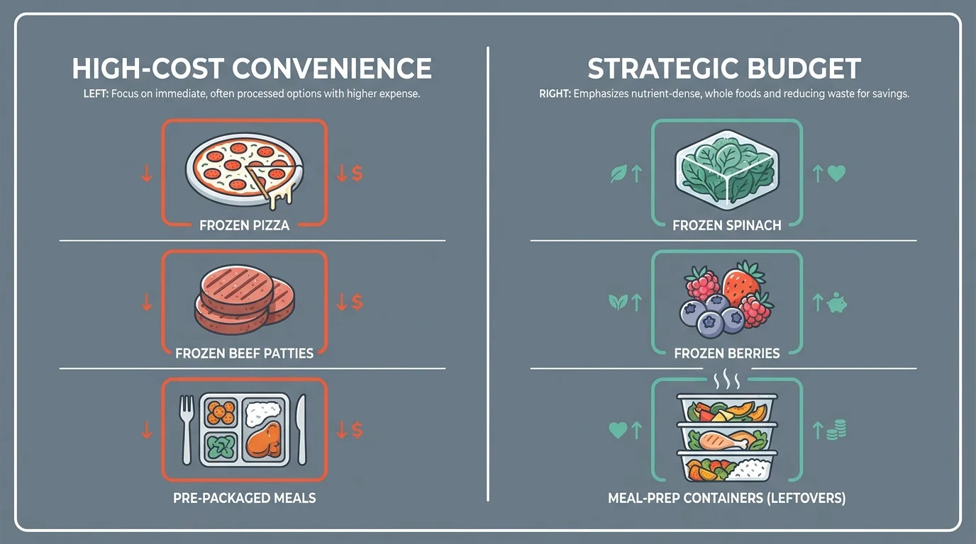 A side-by-side comparison diagram showing a high-cost convenience freezer layout versus a strategic, budget-friendly layout.