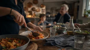 A steaming pasta dish being served onto a plate during a cozy family dinner in a warm, authentic home kitchen.