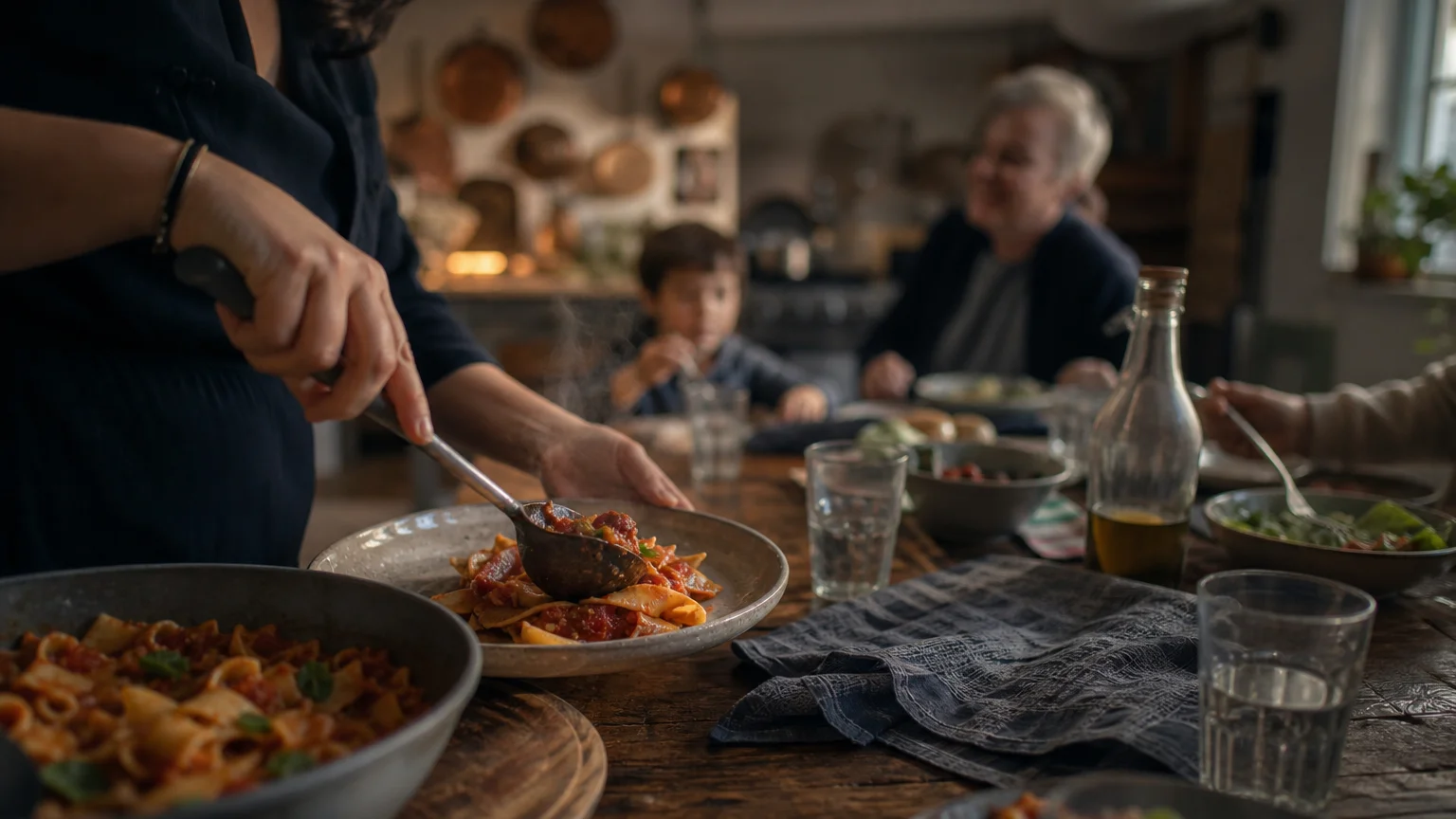 A steaming pasta dish being served onto a plate during a cozy family dinner in a warm, authentic home kitchen.