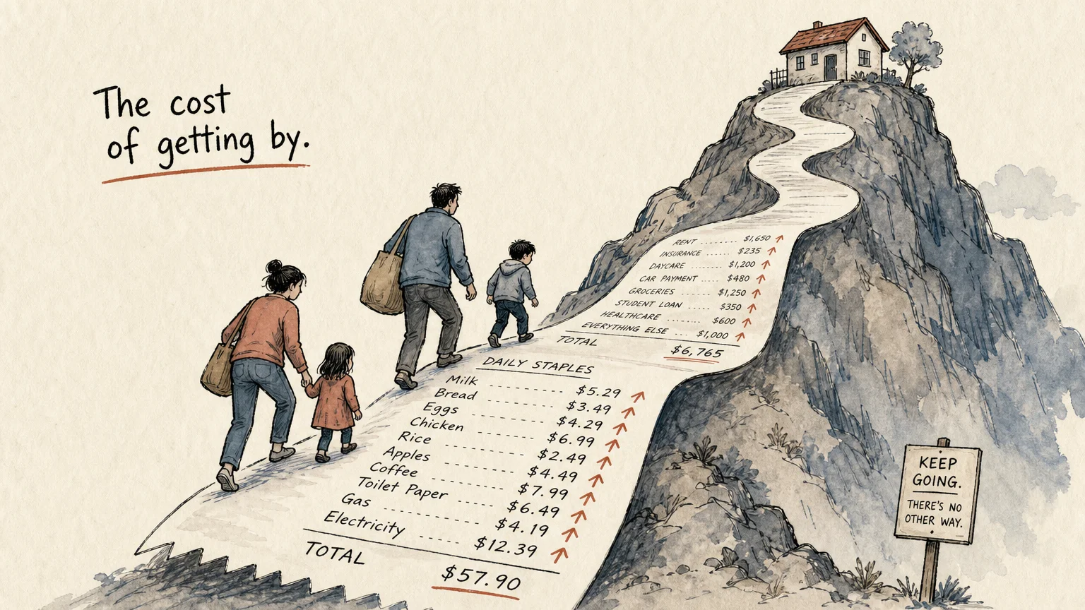 A stylized illustration of a family walking up a winding grocery receipt that resembles a steep, uphill mountain road.