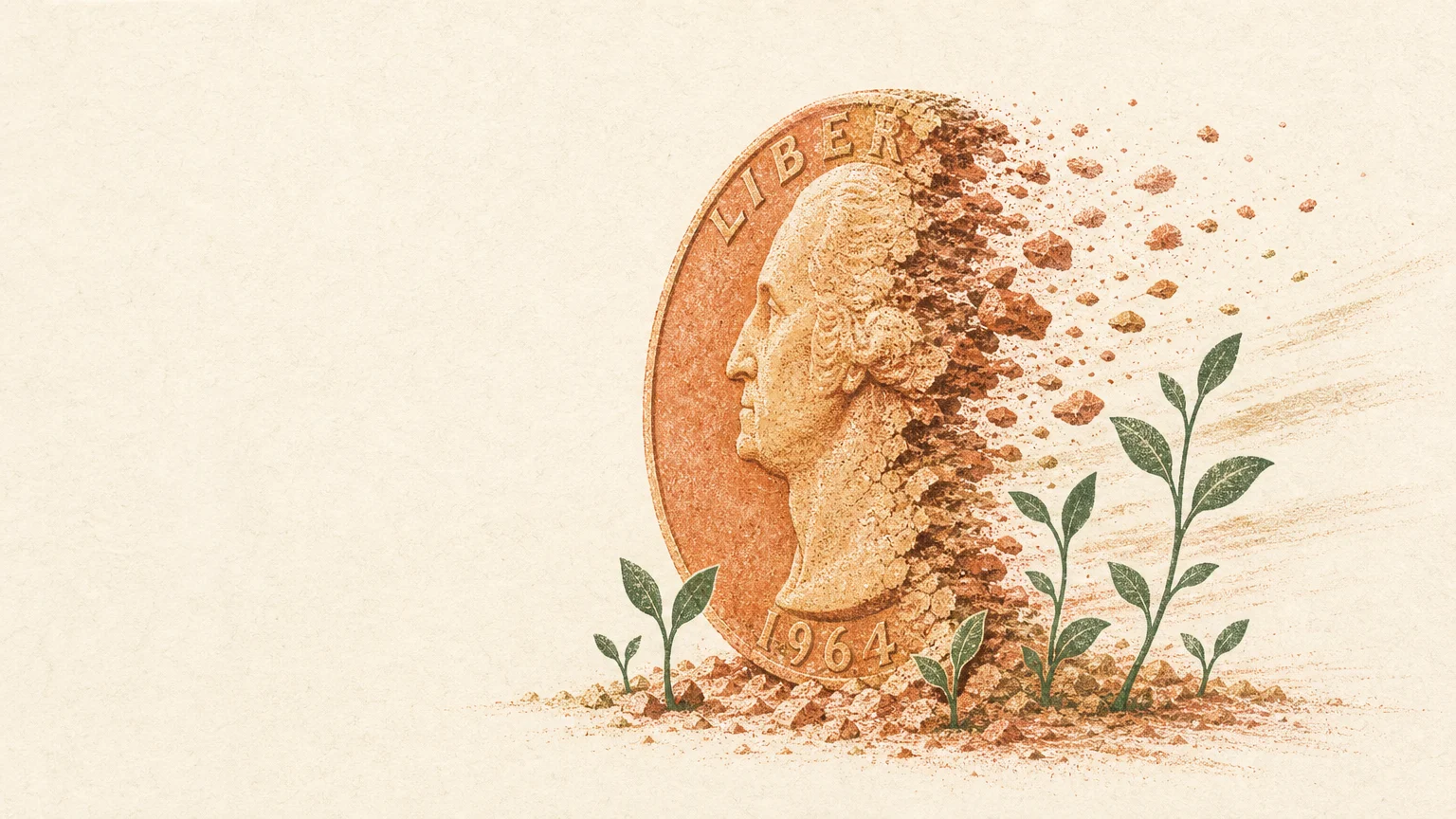 A stylized risograph illustration of a weathering coin transforming into green plant shoots, symbolizing asset optimization.