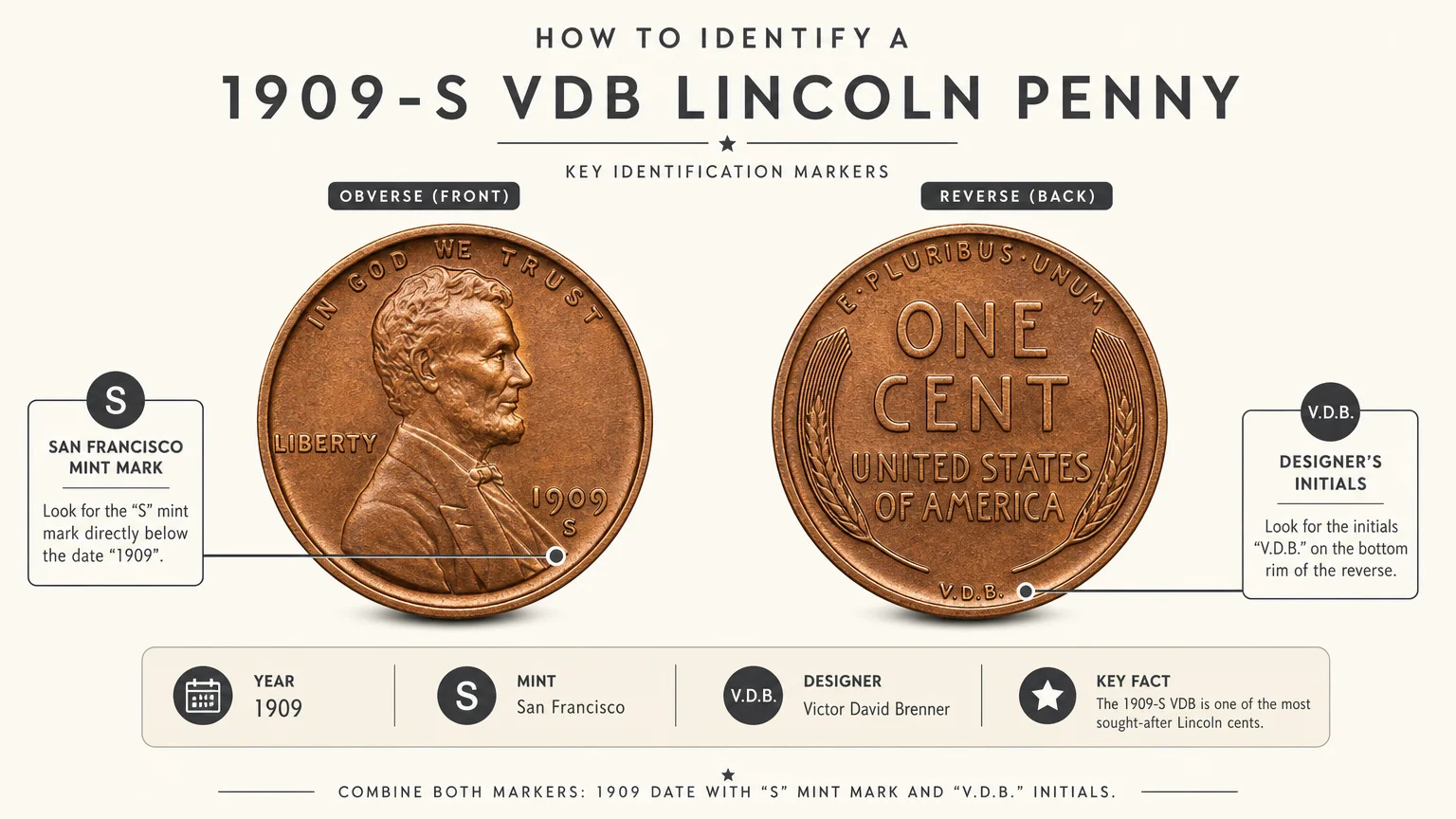 A technical diagram of a 1909-S VDB penny pointing out the location of the S mint mark and the VDB initials.