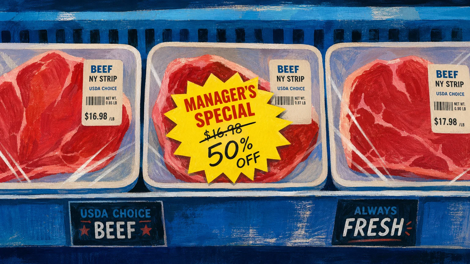 A vibrant gouache illustration of a steak package with a bright yellow 'Manager's Special' 50% off sticker.