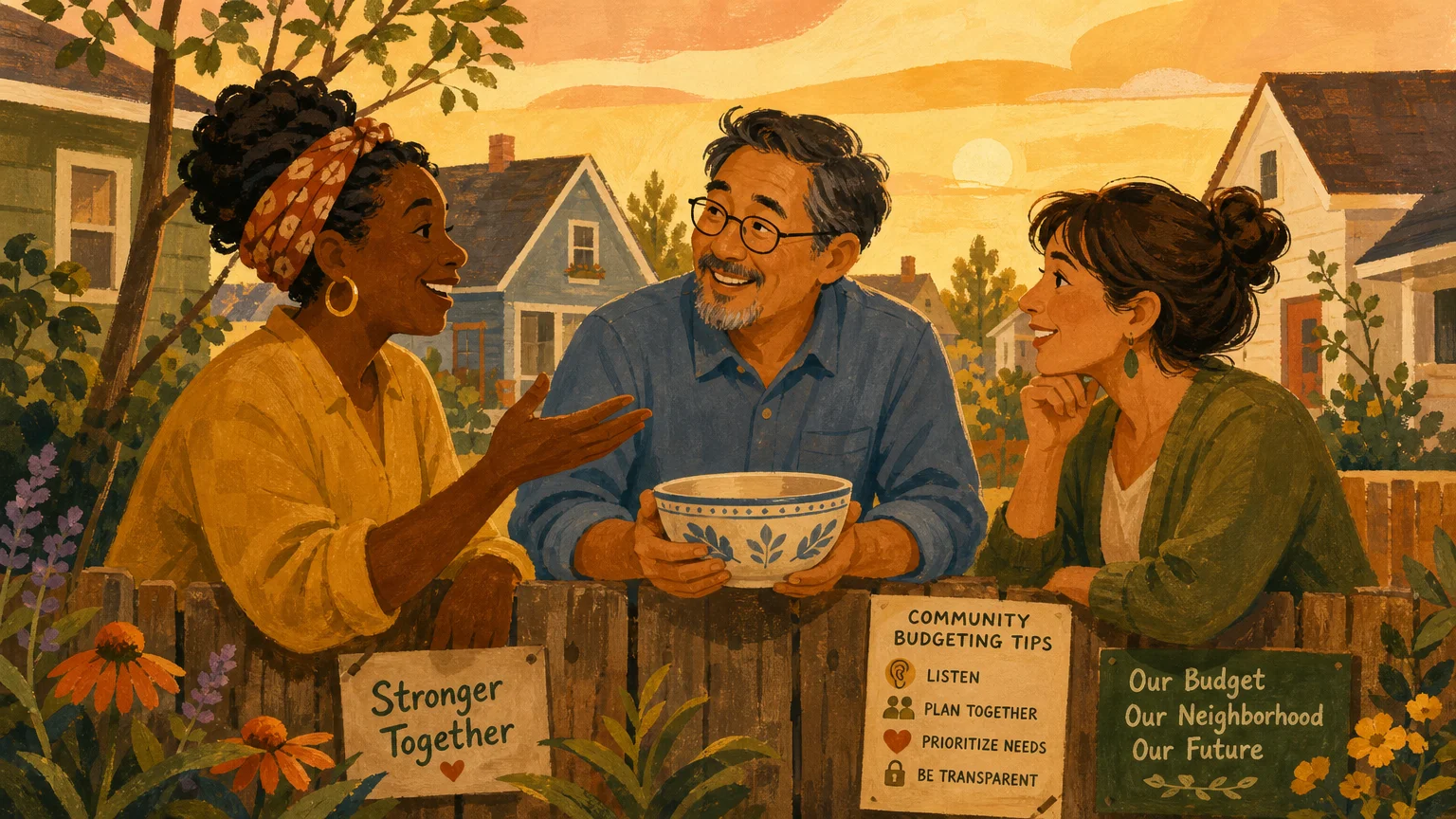 A warm gouache illustration of neighbors talking across a garden fence, sharing tips and food in a friendly neighborhood setting.